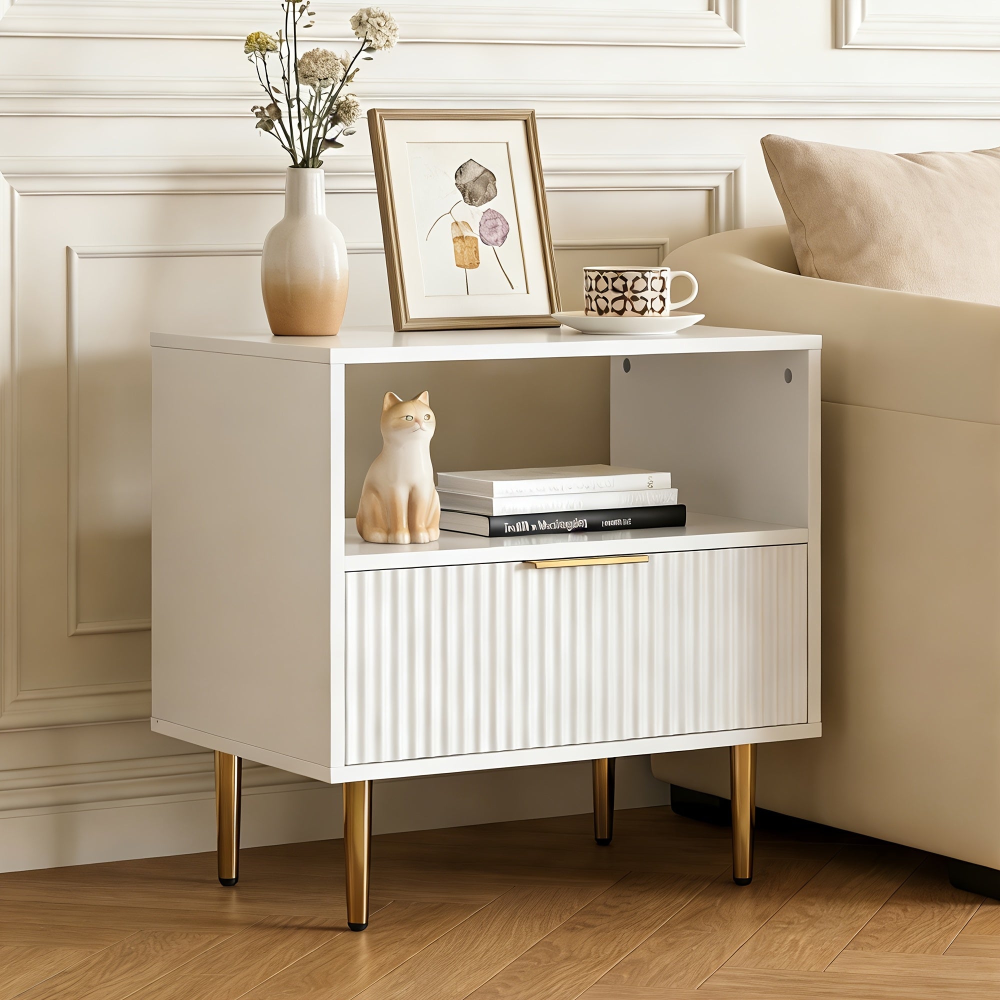 MHOM Nightstand with Drawer, End Table with Storage, Small Bedside Table Organizer with Open Space for Bedroom, Modern Nightstand with Golden Handle, Side Night Stand for Bedroom, Living Room, White\u002FBlack\u002FOak\u002FBlack&White