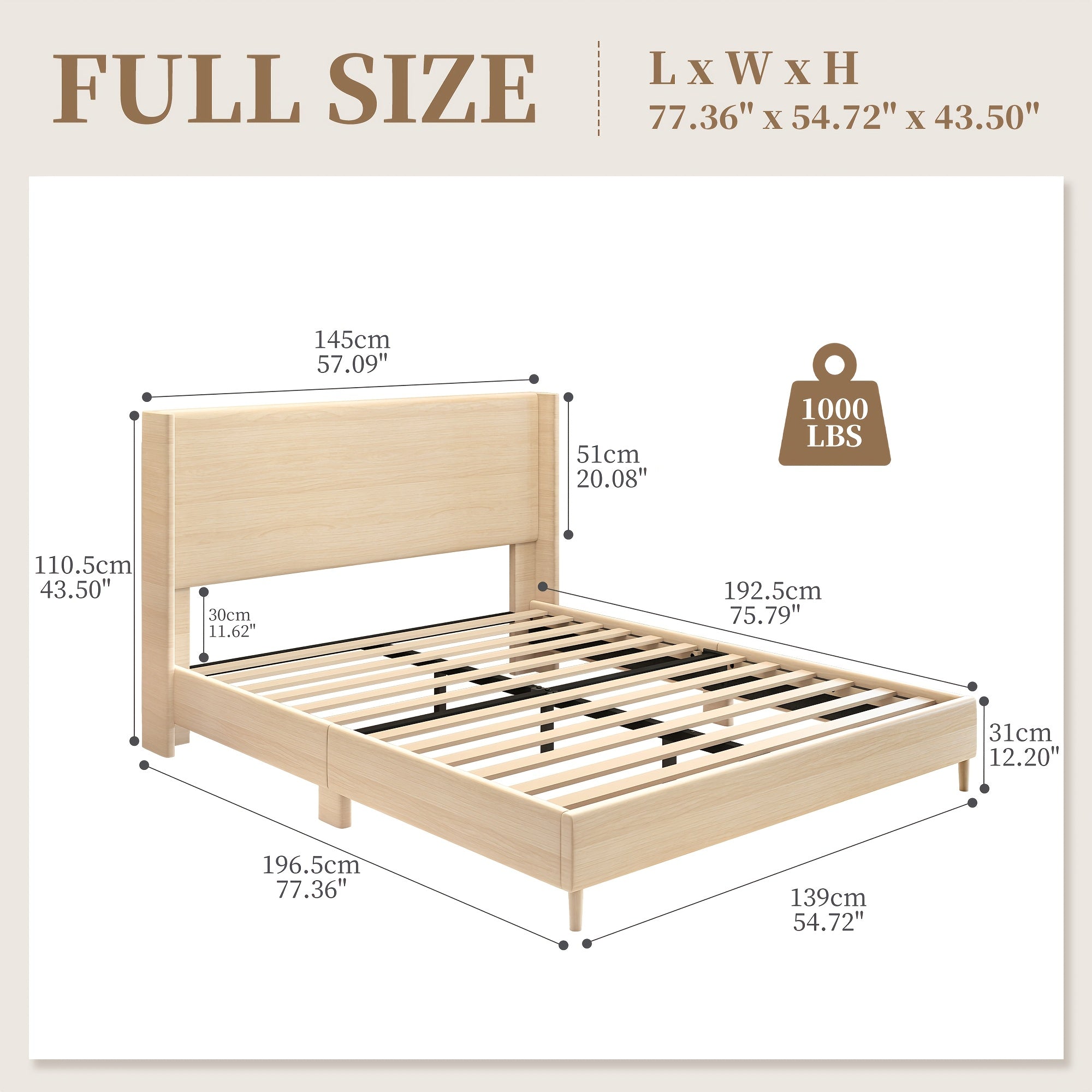 Sibeds Queen Bed Frame with Headboard, Full Size LED Bed Frame, Queen Bed Frame No Box Spring Needed Easy Assembly, PU Natural Wood Oak Brown Oak Brown & White Fabric