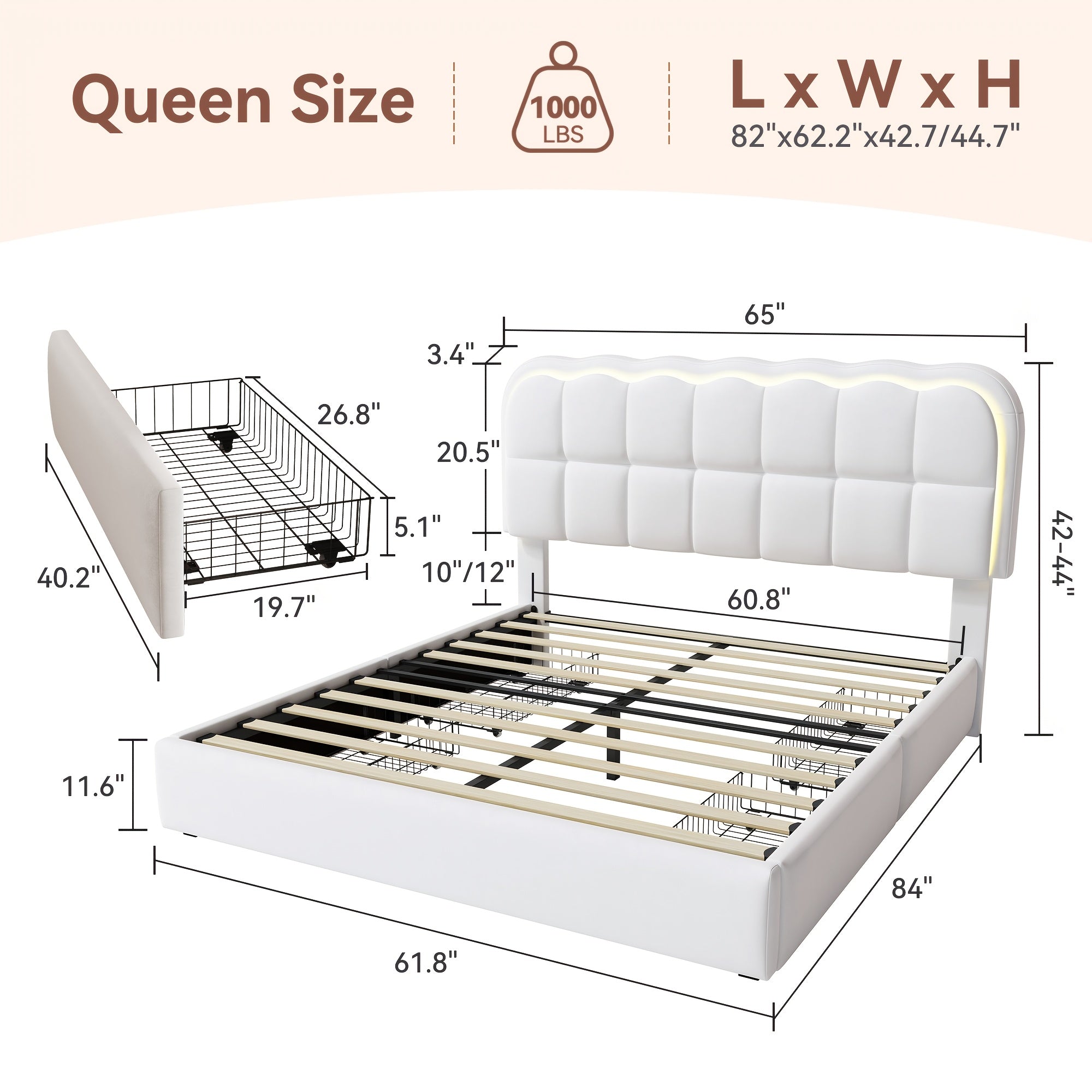 MRAEER Twin\u002FFull\u002FQueen Bed Frame | LED Lighting, 2\u002F4 Storage Drawers, Cloud-Style Soft Headboard, Velvet Modern Platform Bed, Mattress Not Required, Halloween\u002FChristmas Gift, White\u002FPink\u002FGrey, Hardwood and Metal Construction