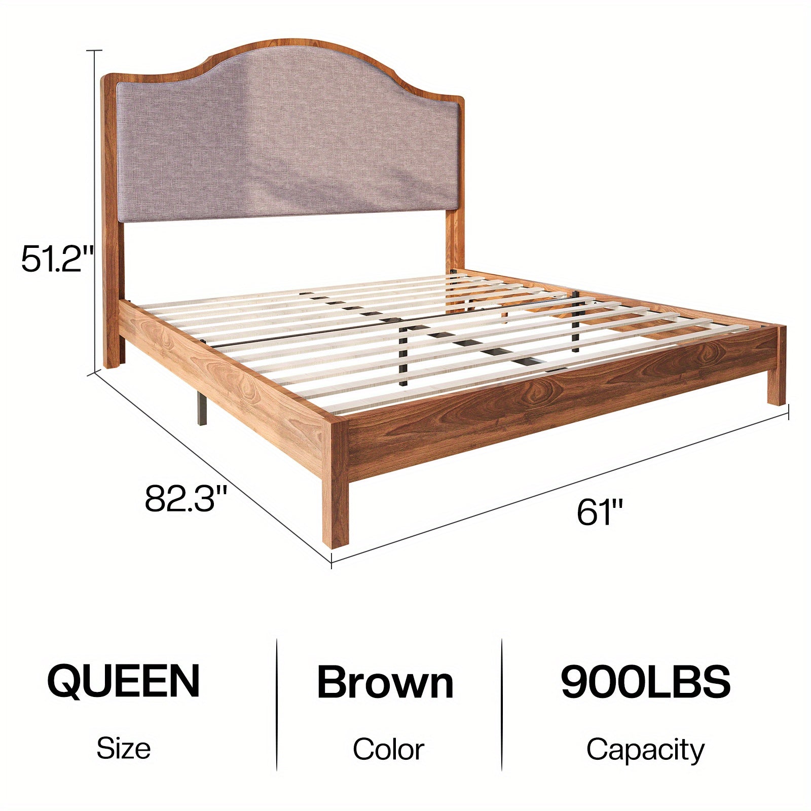 PAPABABE Solid Wood Platform Bed Frame with Upholstered Curved Headboard, Wood Slat Support, No Box Spring Required