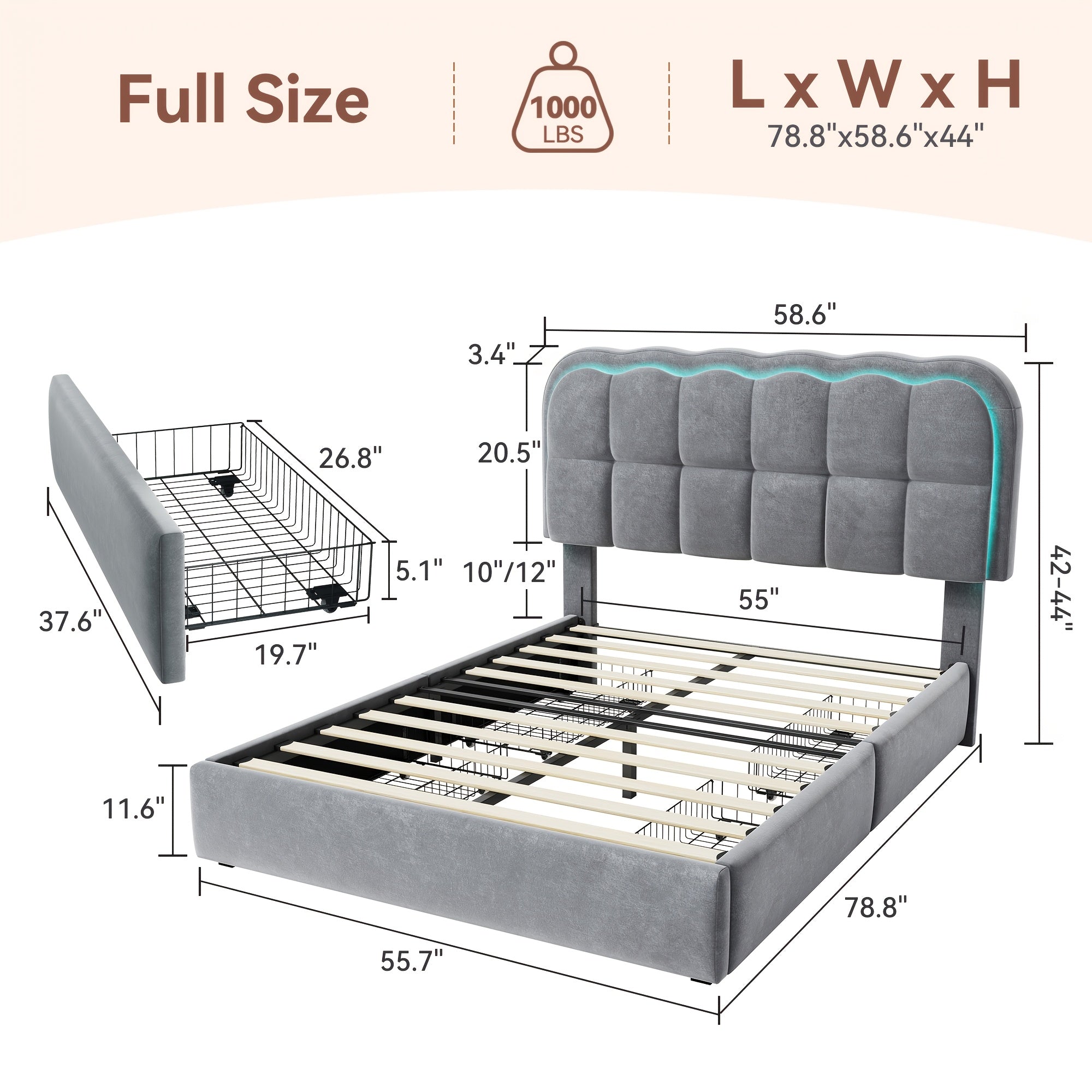 MRAEER Twin\u002FFull\u002FQueen Bed Frame | LED Lighting, 2\u002F4 Storage Drawers, Cloud-Style Soft Headboard, Velvet Modern Platform Bed, Mattress Not Required, Halloween\u002FChristmas Gift, White\u002FPink\u002FGrey, Hardwood and Metal Construction