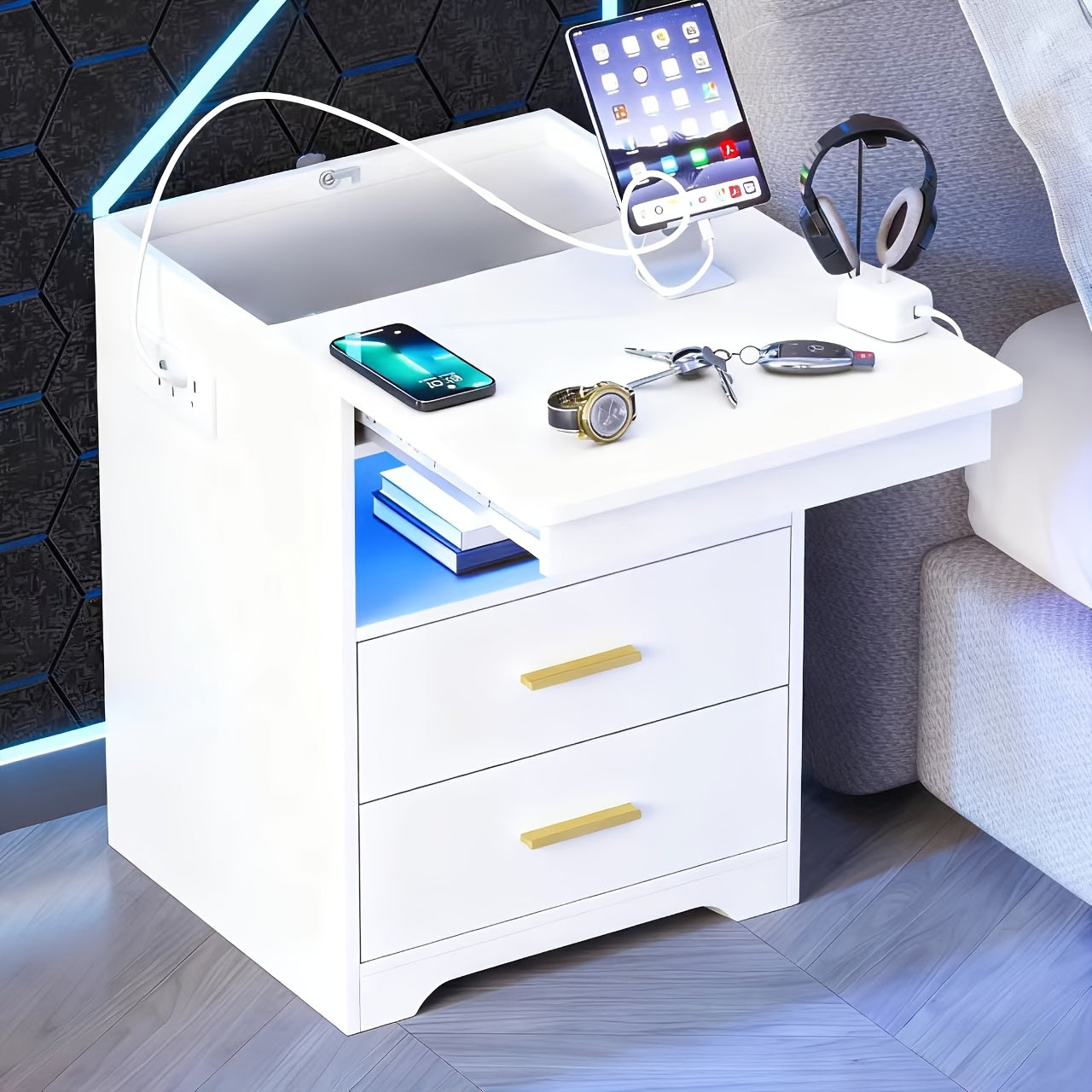 Modern Bedroom Nightstand with Hidden Drawer | 16-color Adjustable LED, Charging Station, And Open Storage, Black\u002Fwhite