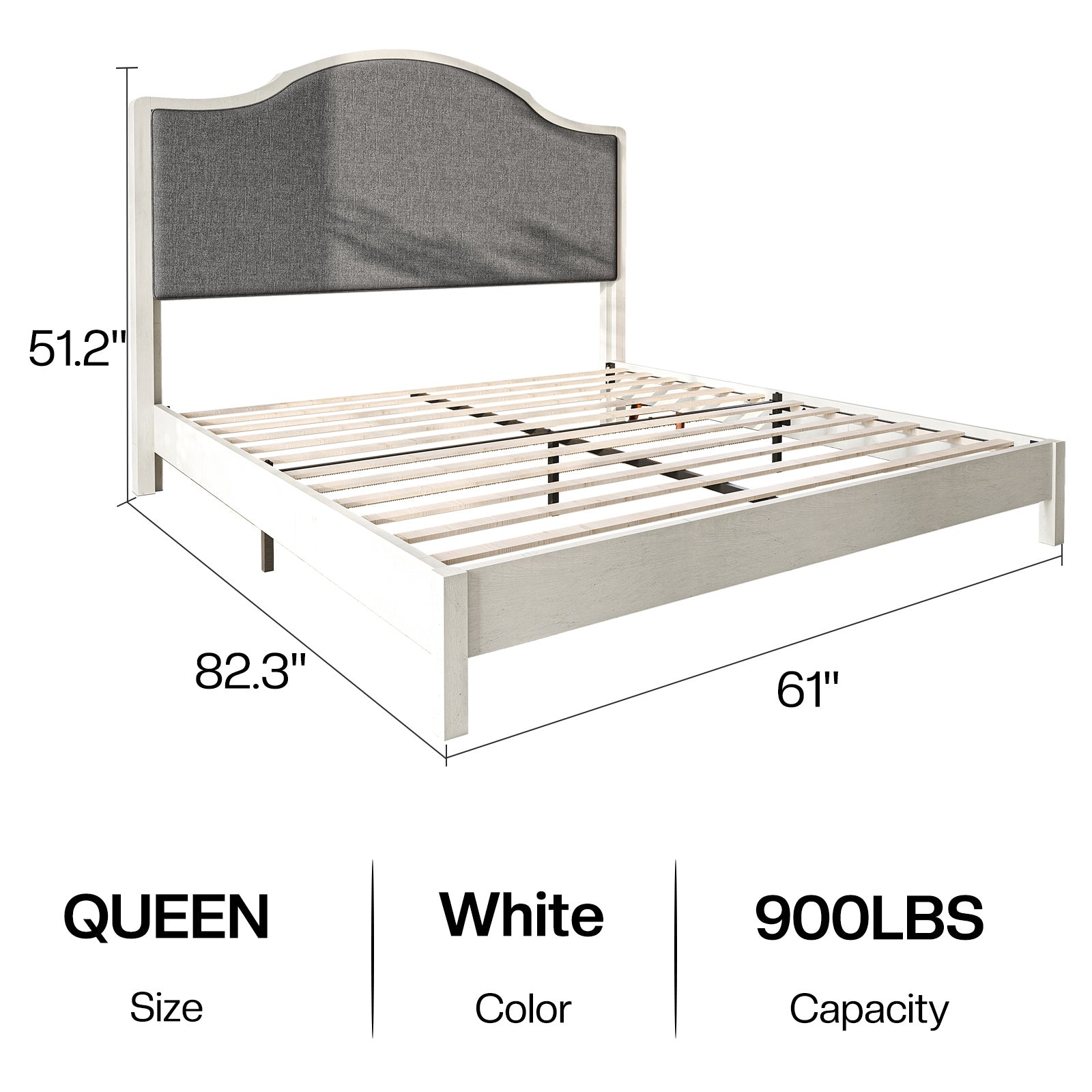 PAPABABE Solid Wood Platform Bed Frame with Upholstered Curved Headboard, Wood Slat Support, No Box Spring Required