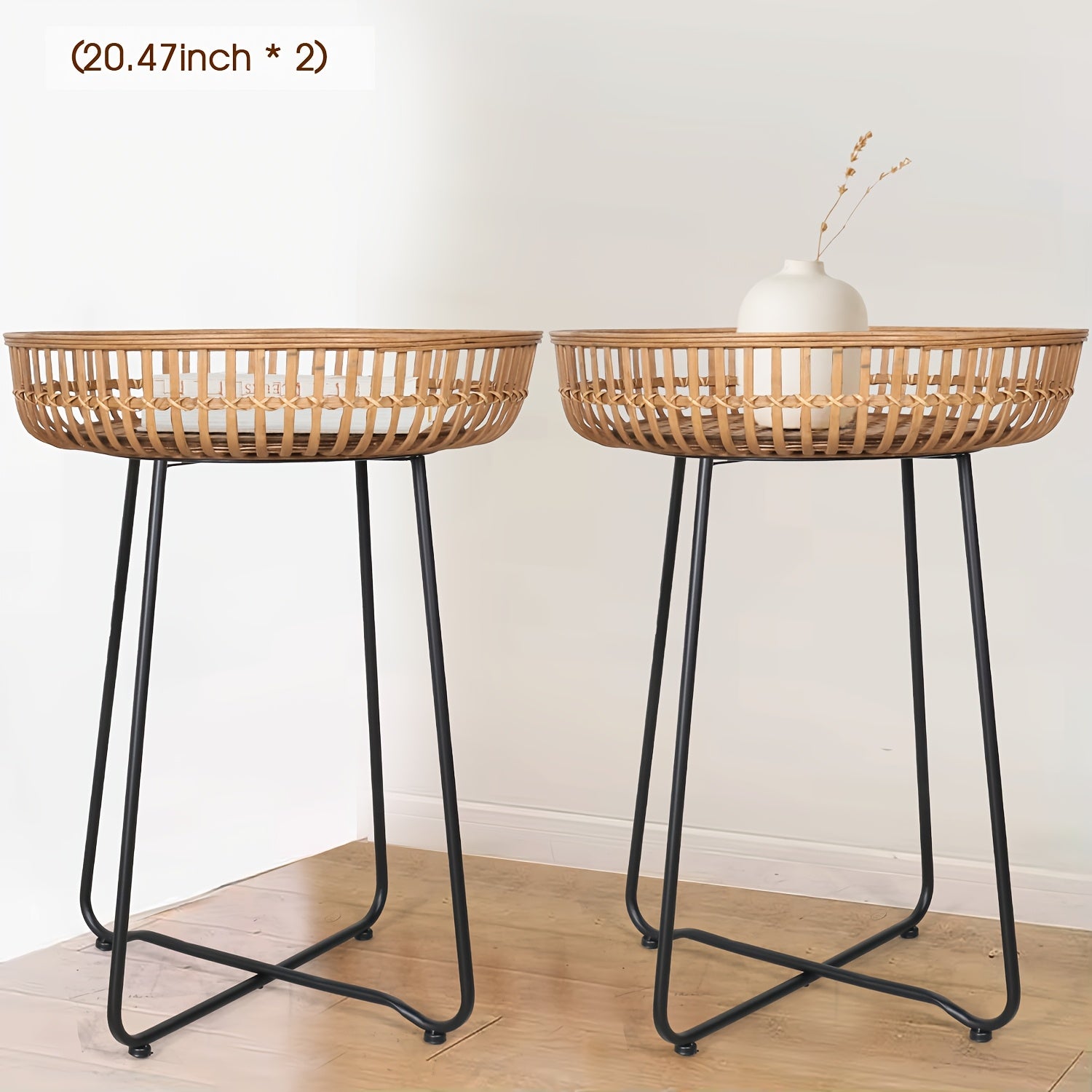 Oakrian Rattan Side Table Nesting Tables Set Of 2, Bamboo Round Table Coffee Table Metal Base End Table for Boho Living Room, Sofa, Bedroom, Terrace, Accent Table(20.47inch)