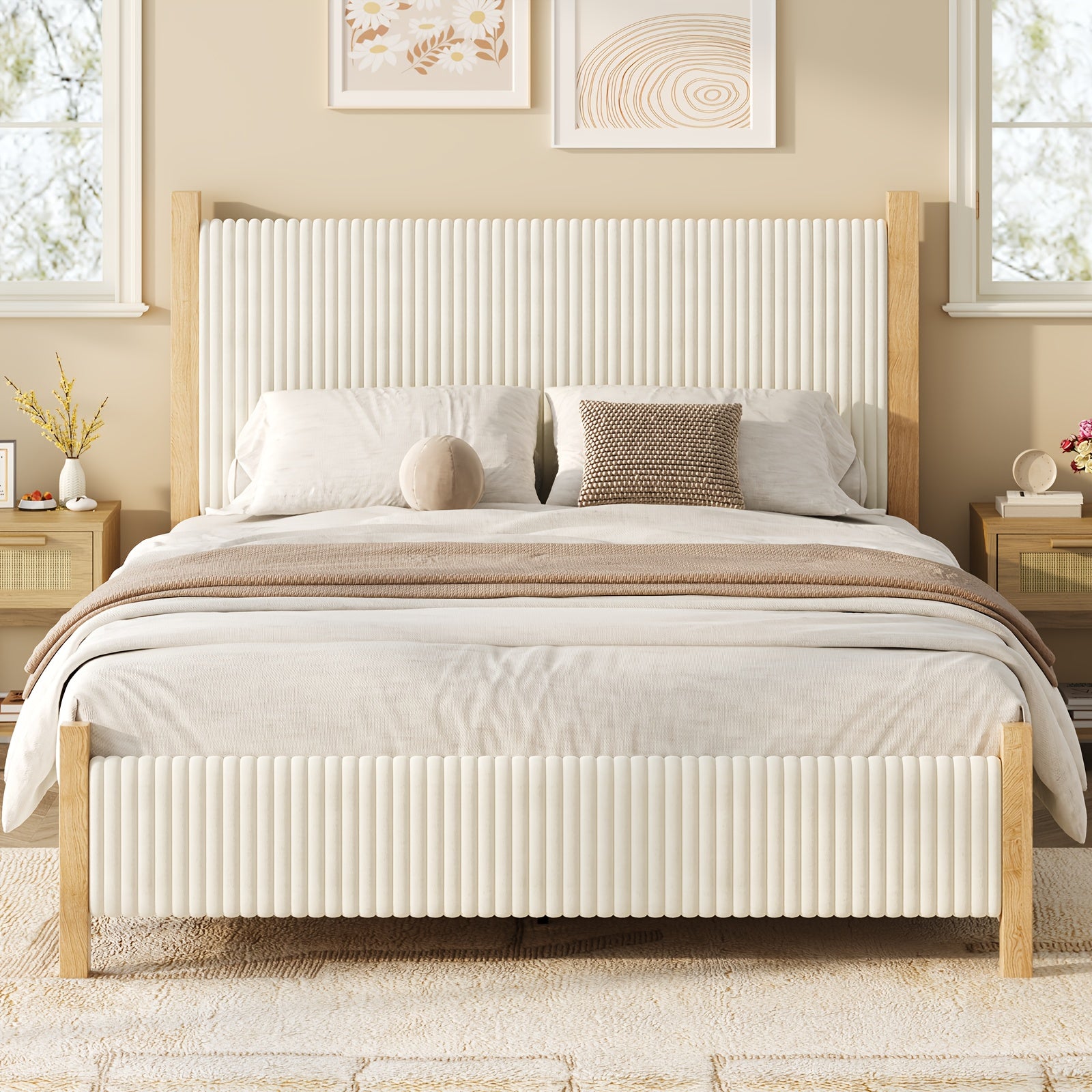 Full Queen King Bed Frame with Headboard | Corduroy Upholstered, Vertical Channel Design, No Box Spring Needed, Strong Structure, Noise-Free, Easy Assembly, White\u002FBlack\u002FBeige, Made of Hardwood and High-Density Fiberboard by HOMBCK