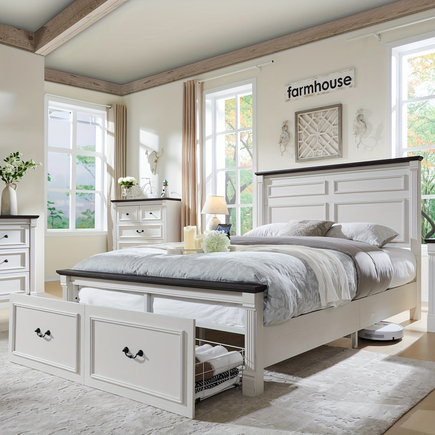 Farmhouse King\u002F Queen\u002F Full Size Bed Frame with Tall Headboard, Wood Platform Bed Frame with 20\