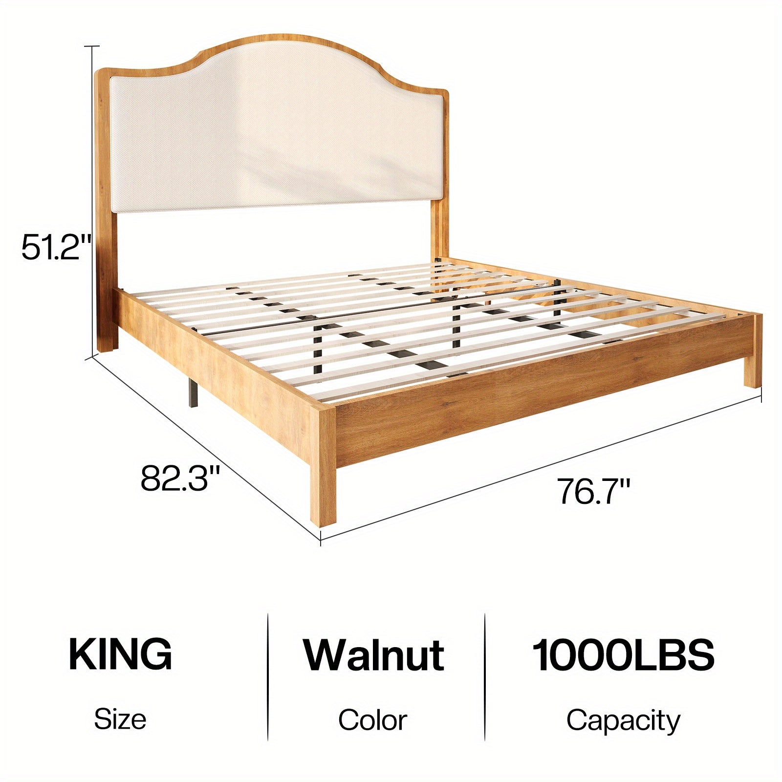 PAPABABE Solid Wood Platform Bed Frame with Upholstered Curved Headboard, Wood Slat Support, No Box Spring Required