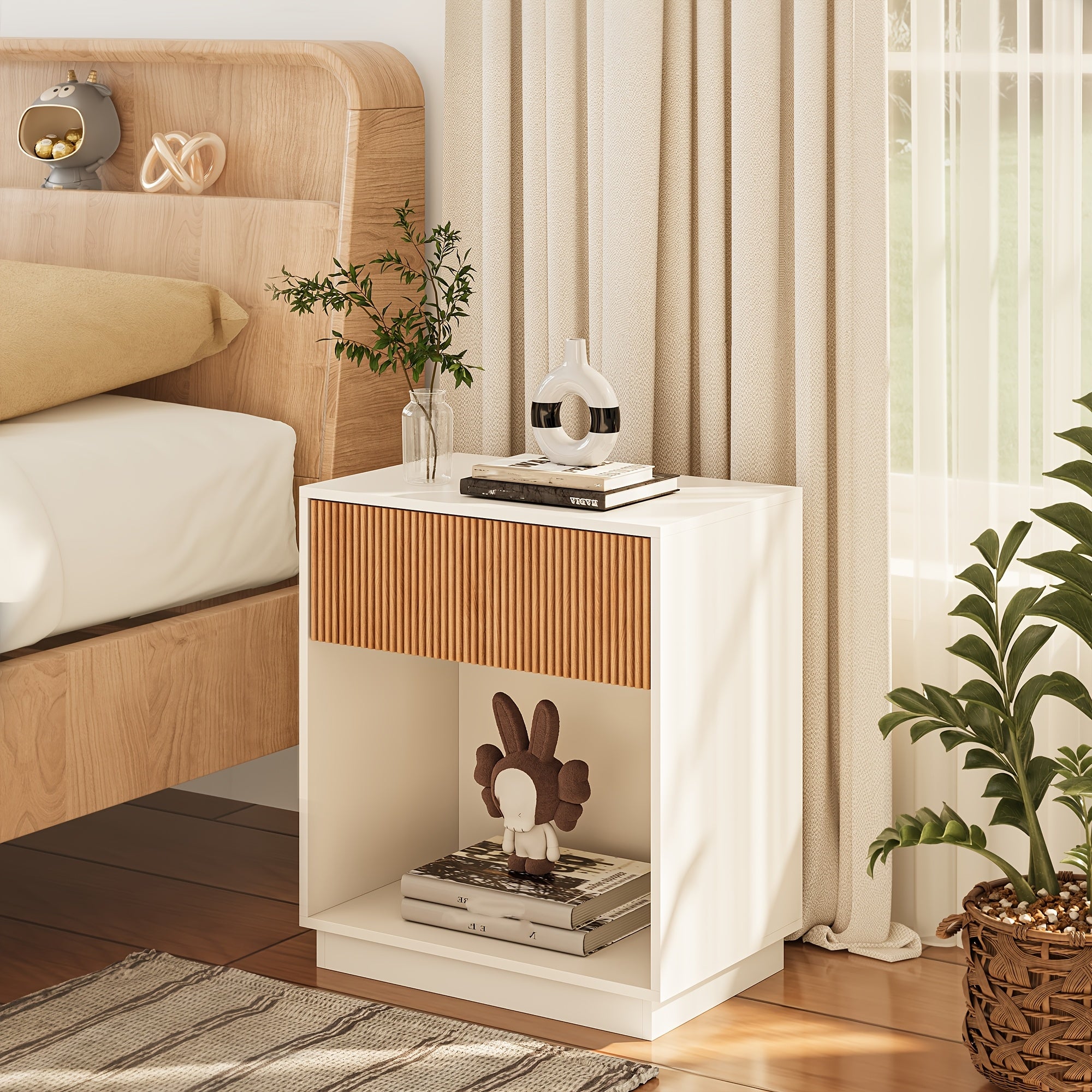 Fluted Nightstands Set Of 2, Modern Mid - Century Wood Bedside Table with Drawer & Open Storage Shelf, End Table for Bedroom, Living Room, Office, Sofa Side Couch (White+Oak)