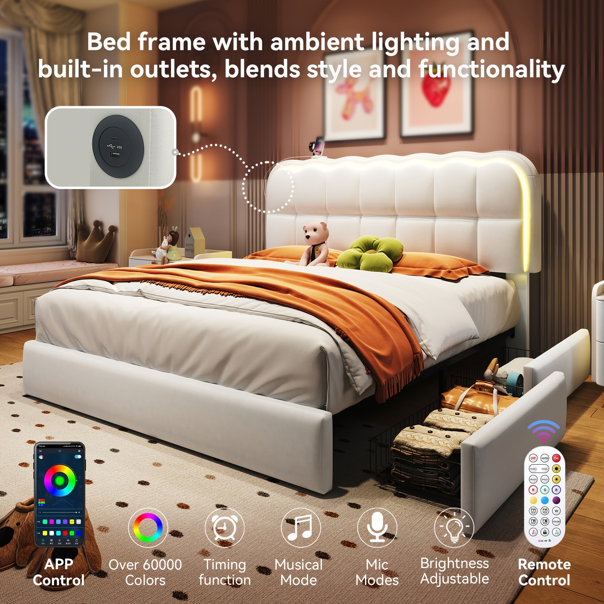 MRAEER Twin\u002FFull\u002FQueen Bed Frame | LED Lighting, 2\u002F4 Storage Drawers, Cloud-Style Soft Headboard, Velvet Modern Platform Bed, Mattress Not Required, Halloween\u002FChristmas Gift, White\u002FPink\u002FGrey, Hardwood and Metal Construction