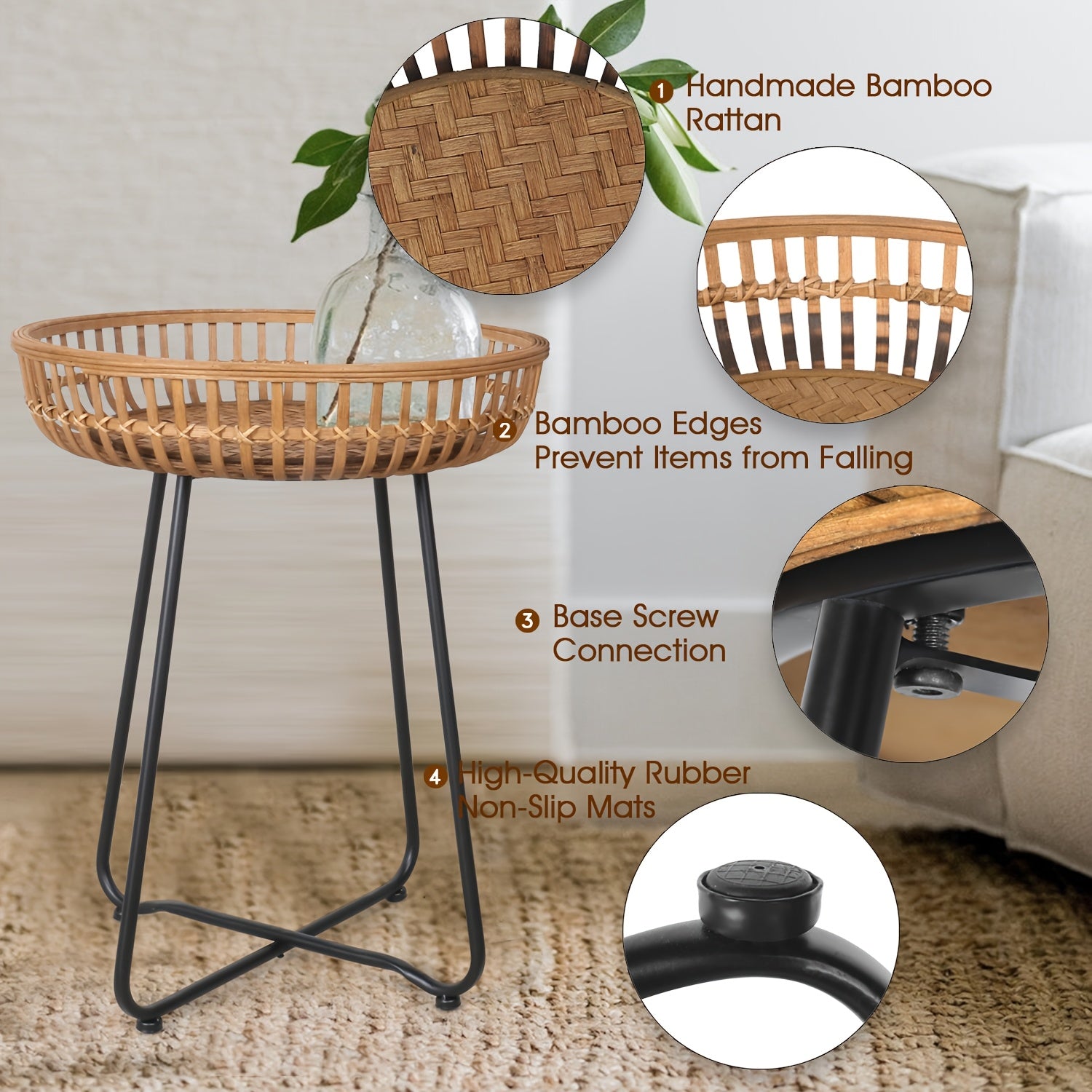 Oakrian Rattan Side Table Nesting Tables Set Of 2, Bamboo Round Table Coffee Table Metal Base End Table for Boho Living Room, Sofa, Bedroom, Terrace, Accent Table(20.47inch)