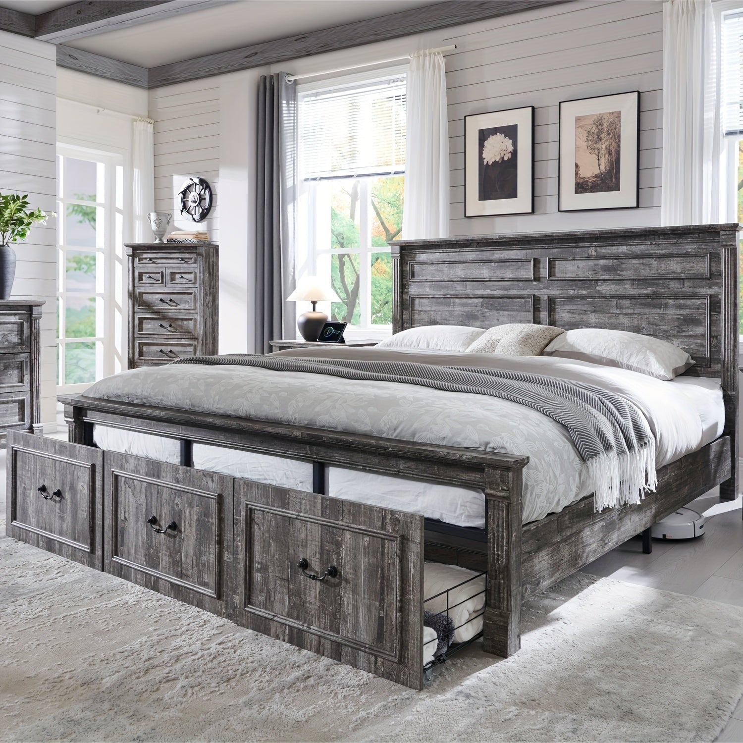 Farmhouse King\u002F Queen\u002F Full Size Bed Frame with Tall Headboard, Wood Platform Bed Frame with 20\