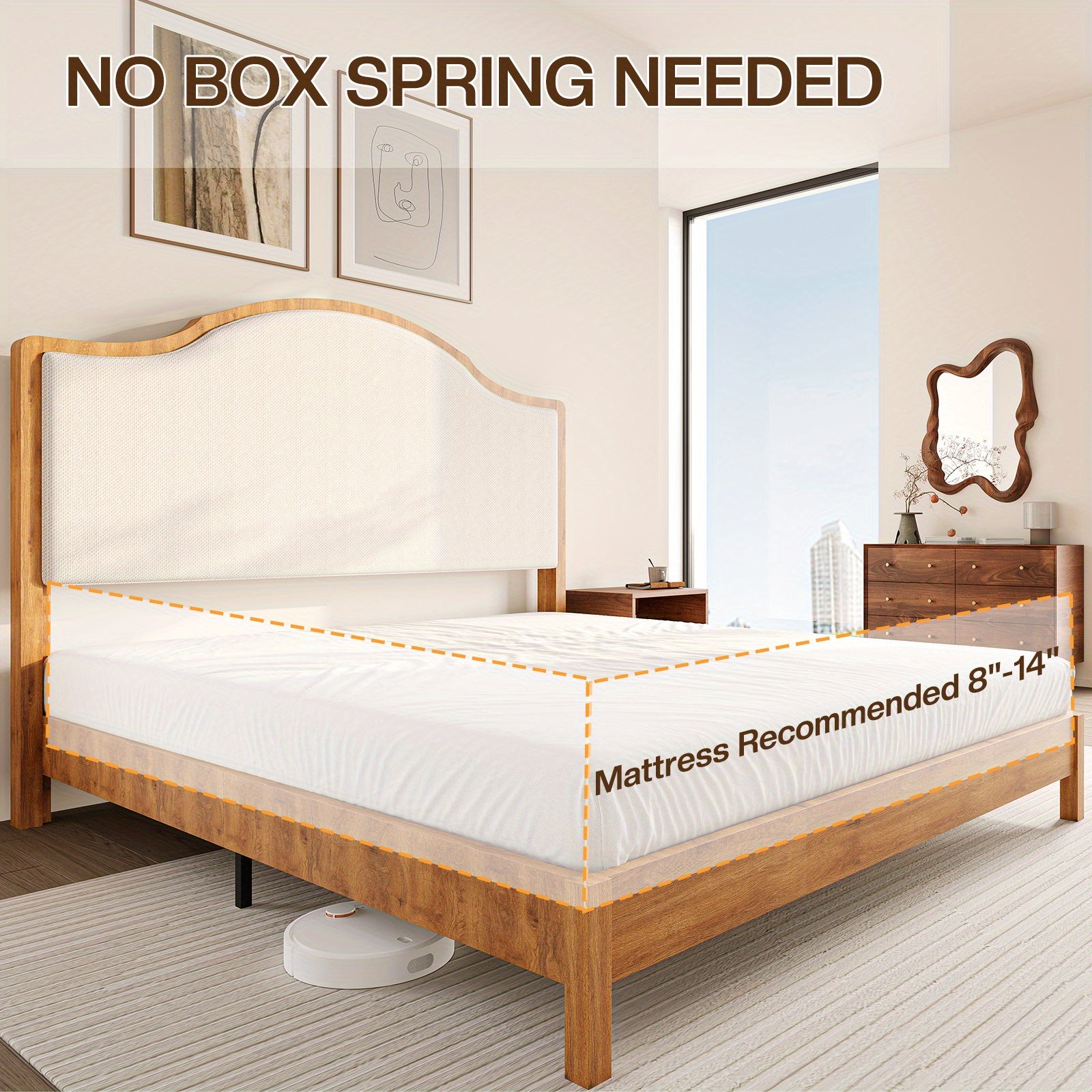 PAPABABE Solid Wood Platform Bed Frame with Upholstered Curved Headboard, Wood Slat Support, No Box Spring Required