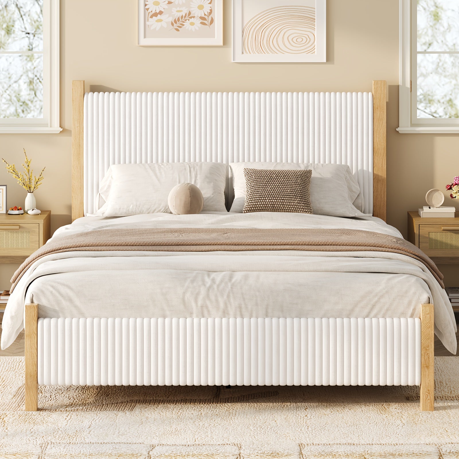 Full Queen King Bed Frame with Headboard | Corduroy Upholstered, Vertical Channel Design, No Box Spring Needed, Strong Structure, Noise-Free, Easy Assembly, White\u002FBlack\u002FBeige, Made of Hardwood and High-Density Fiberboard by HOMBCK