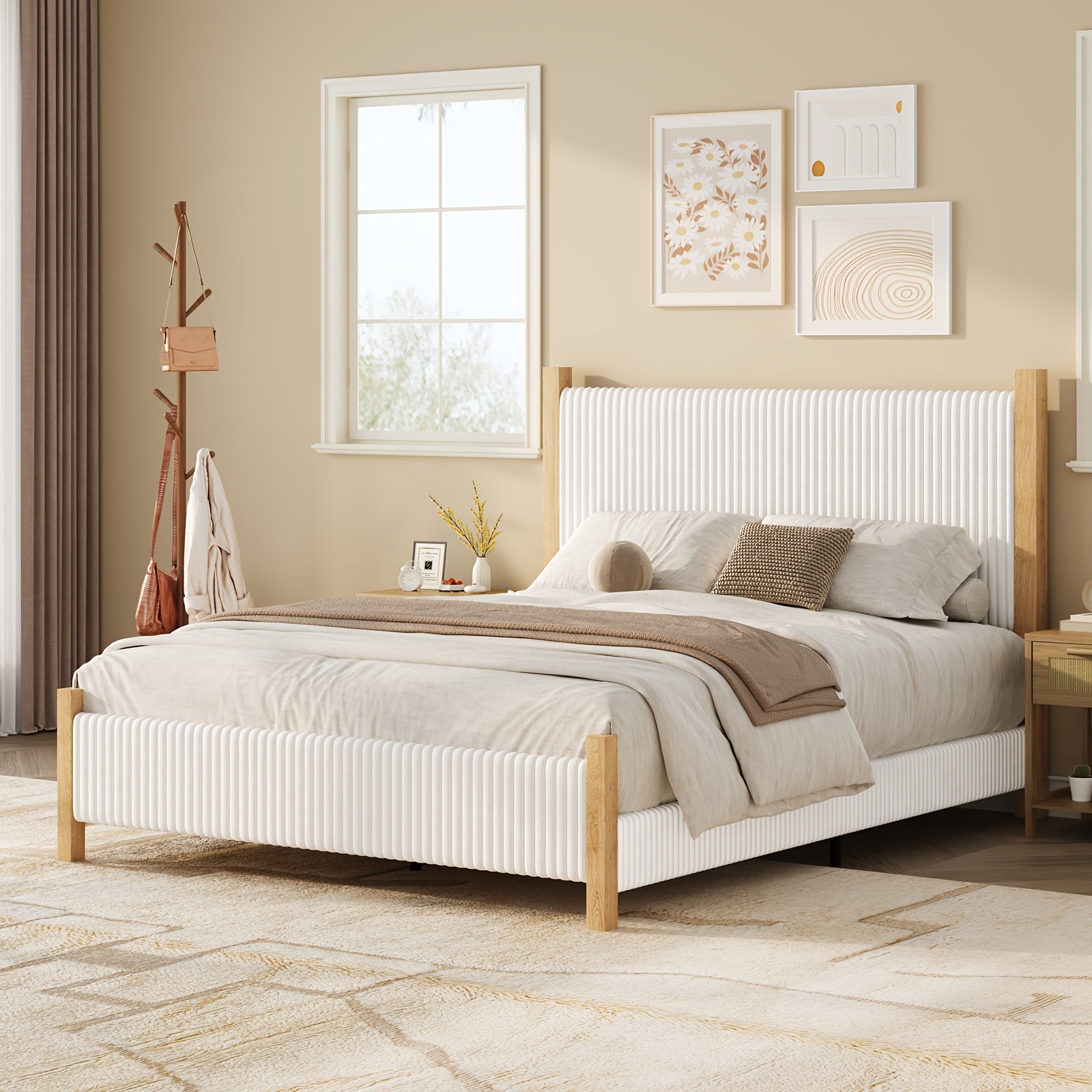 Full Queen King Bed Frame with Headboard | Corduroy Upholstered, Vertical Channel Design, No Box Spring Needed, Strong Structure, Noise-Free, Easy Assembly, White\u002FBlack\u002FBeige, Made of Hardwood and High-Density Fiberboard by HOMBCK