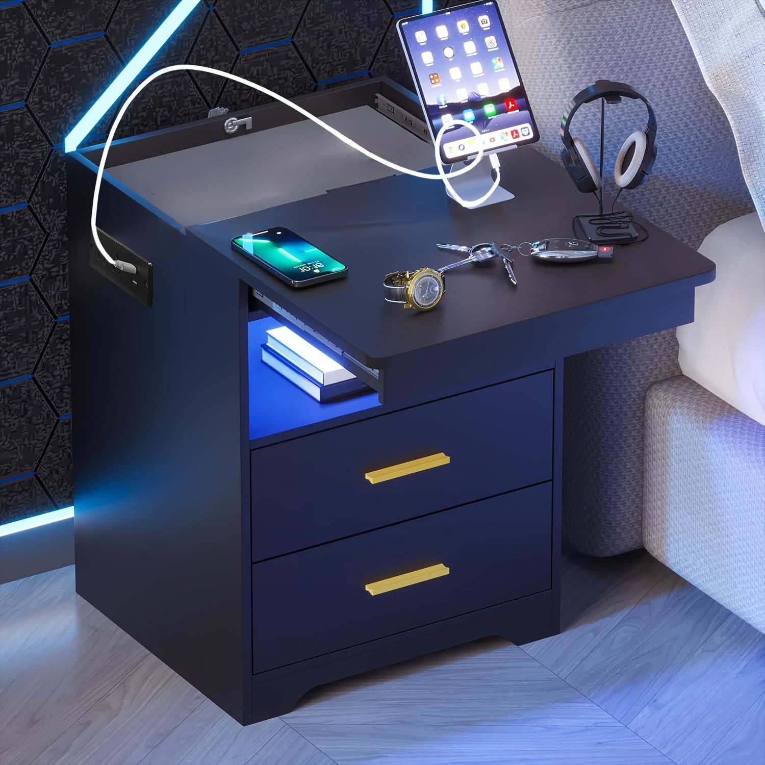 Modern Bedroom Nightstand with Hidden Drawer | 16-color Adjustable LED, Charging Station, And Open Storage, Black\u002Fwhite