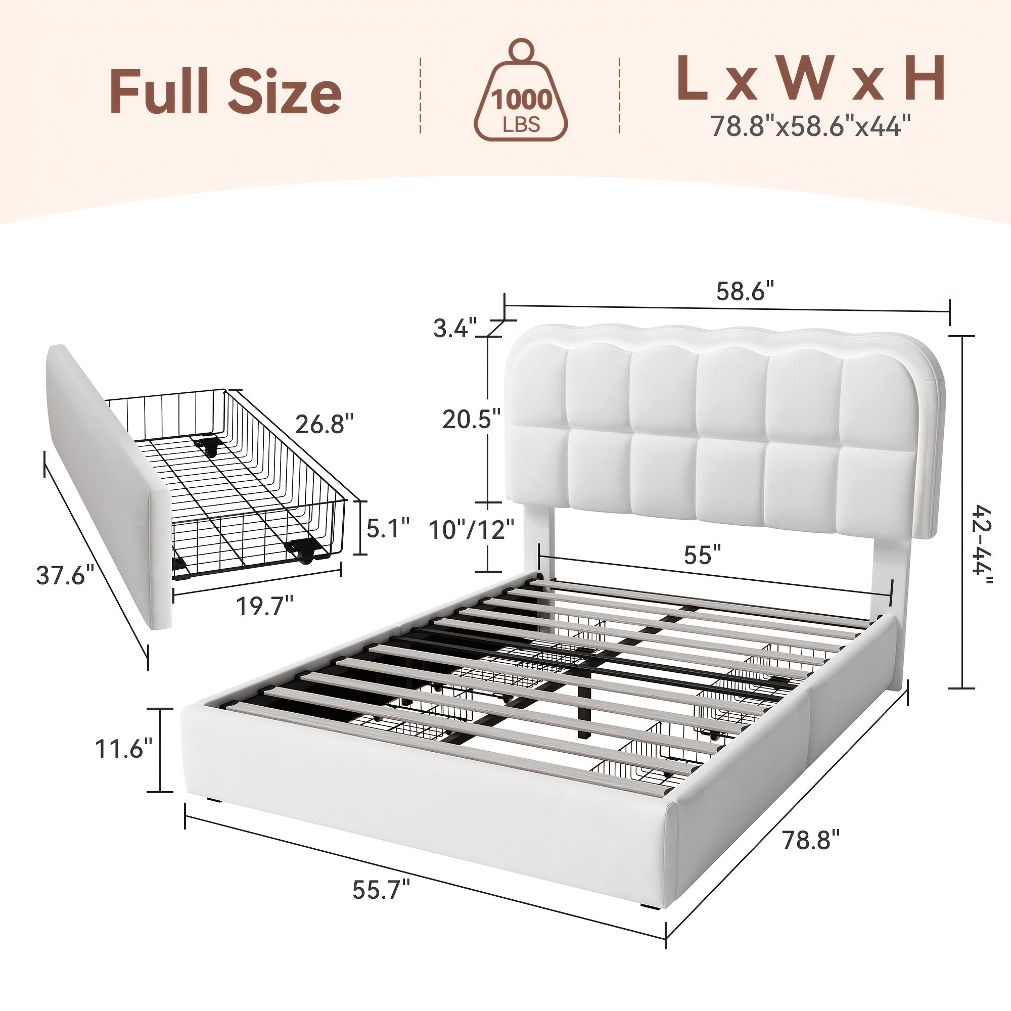 MRAEER Twin\u002FFull\u002FQueen Bed Frame | LED Lighting, 2\u002F4 Storage Drawers, Cloud-Style Soft Headboard, Velvet Modern Platform Bed, Mattress Not Required, Halloween\u002FChristmas Gift, White\u002FPink\u002FGrey, Hardwood and Metal Construction
