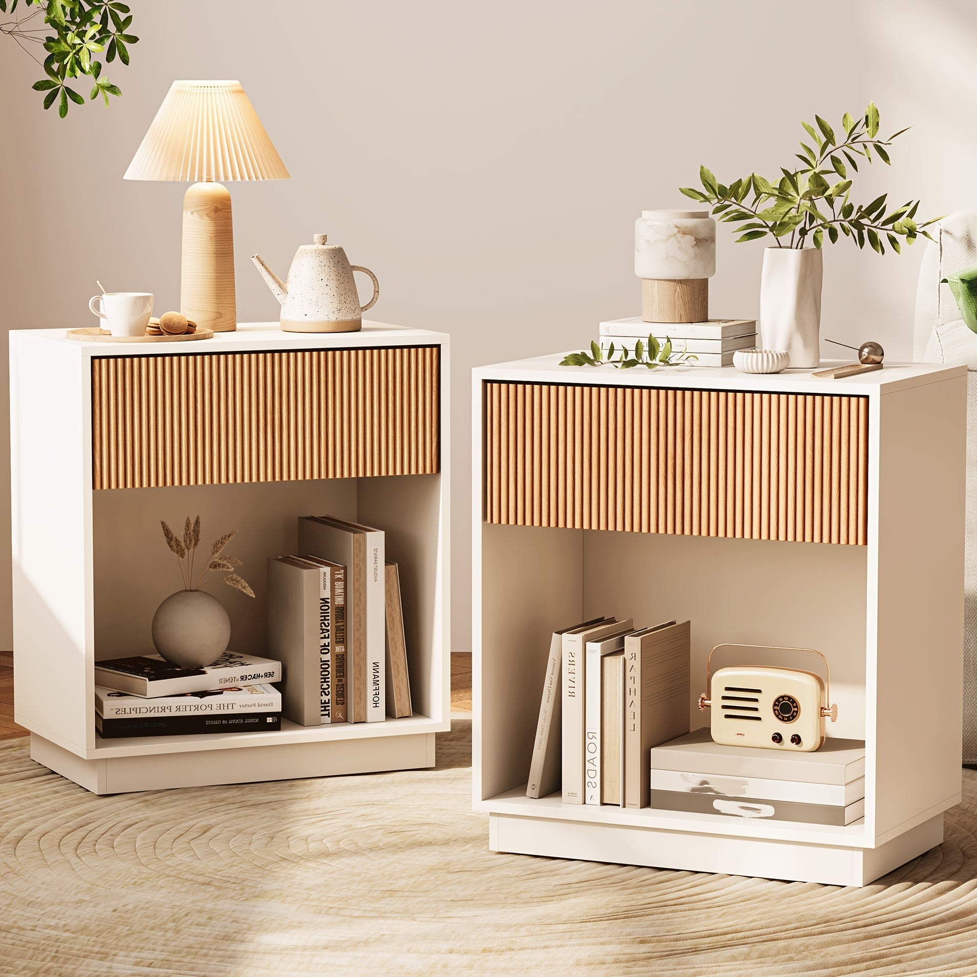 Fluted Nightstands Set Of 2, Modern Mid - Century Wood Bedside Table with Drawer & Open Storage Shelf, End Table for Bedroom, Living Room, Office, Sofa Side Couch (White+Oak)