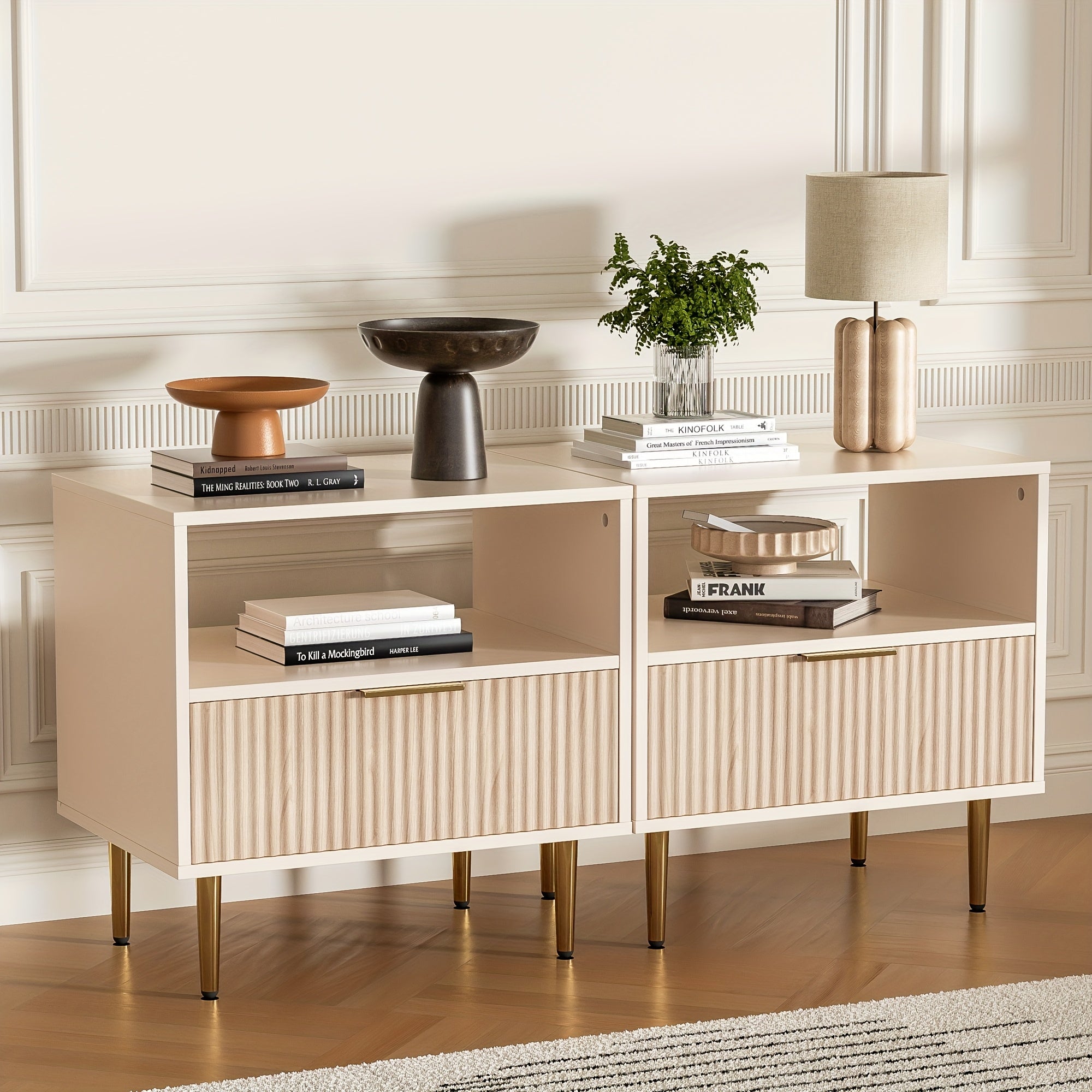 MHOM Nightstand with Drawer, End Table with Storage, Small Bedside Table Organizer with Open Space for Bedroom, Modern Nightstand with Golden Handle, Side Night Stand for Bedroom, Living Room, White\u002FBlack\u002FOak\u002FBlack&White