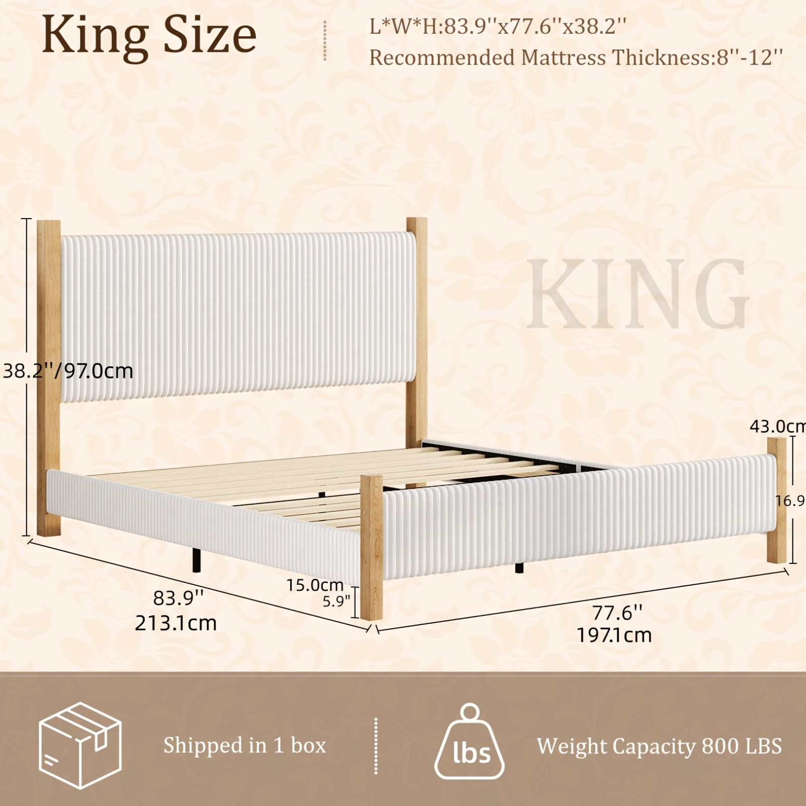 Full Queen King Bed Frame with Headboard | Corduroy Upholstered, Vertical Channel Design, No Box Spring Needed, Strong Structure, Noise-Free, Easy Assembly, White\u002FBlack\u002FBeige, Made of Hardwood and High-Density Fiberboard by HOMBCK