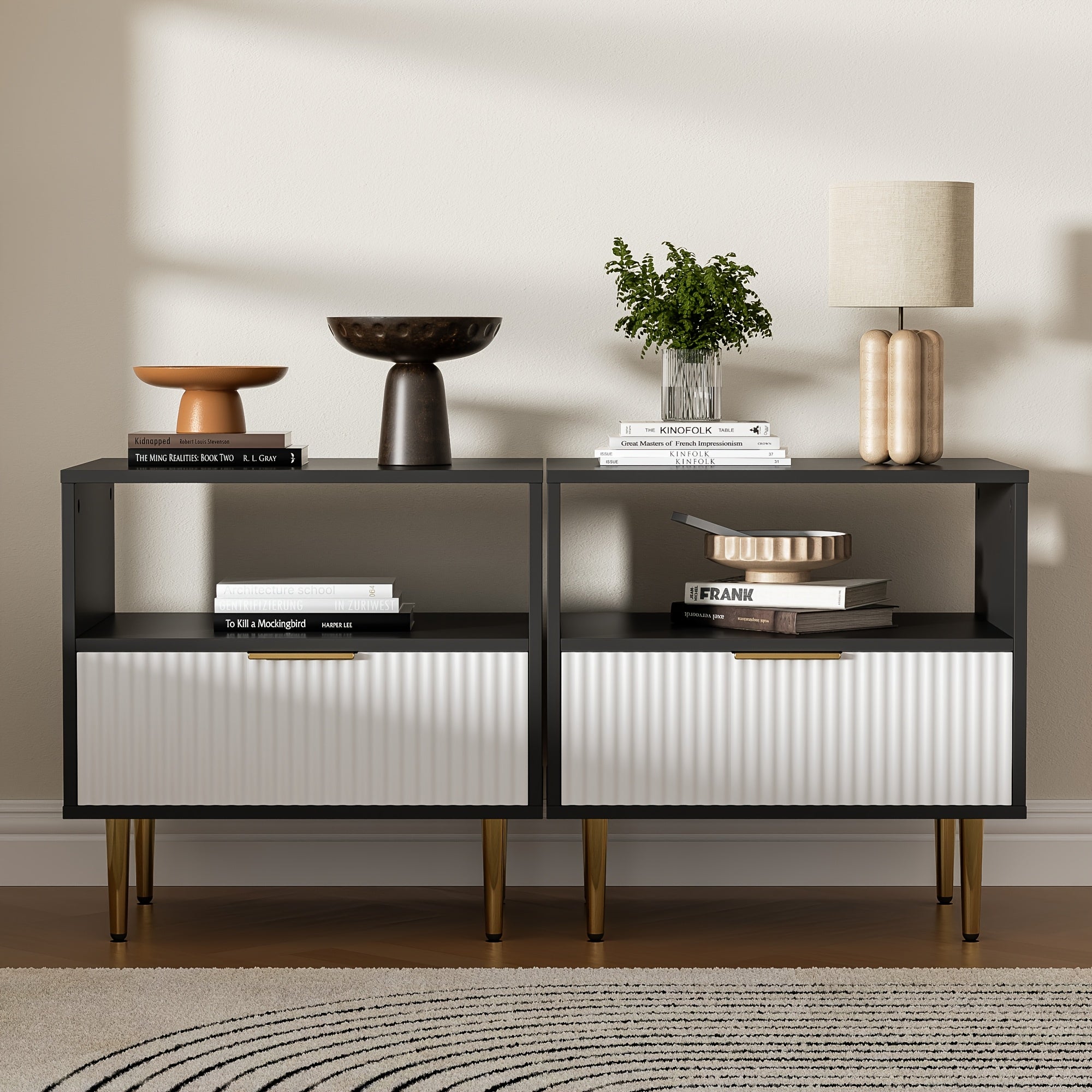 MHOM Nightstand with Drawer, End Table with Storage, Small Bedside Table Organizer with Open Space for Bedroom, Modern Nightstand with Golden Handle, Side Night Stand for Bedroom, Living Room, White\u002FBlack\u002FOak\u002FBlack&White