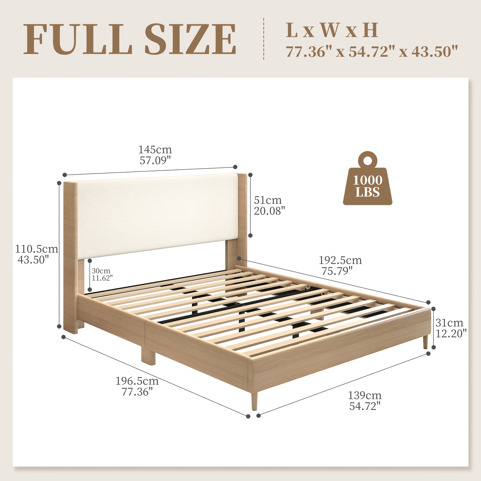 Sibeds Queen Bed Frame with Headboard, Full Size LED Bed Frame, Queen Bed Frame No Box Spring Needed Easy Assembly, PU Natural Wood Oak Brown Oak Brown & White Fabric