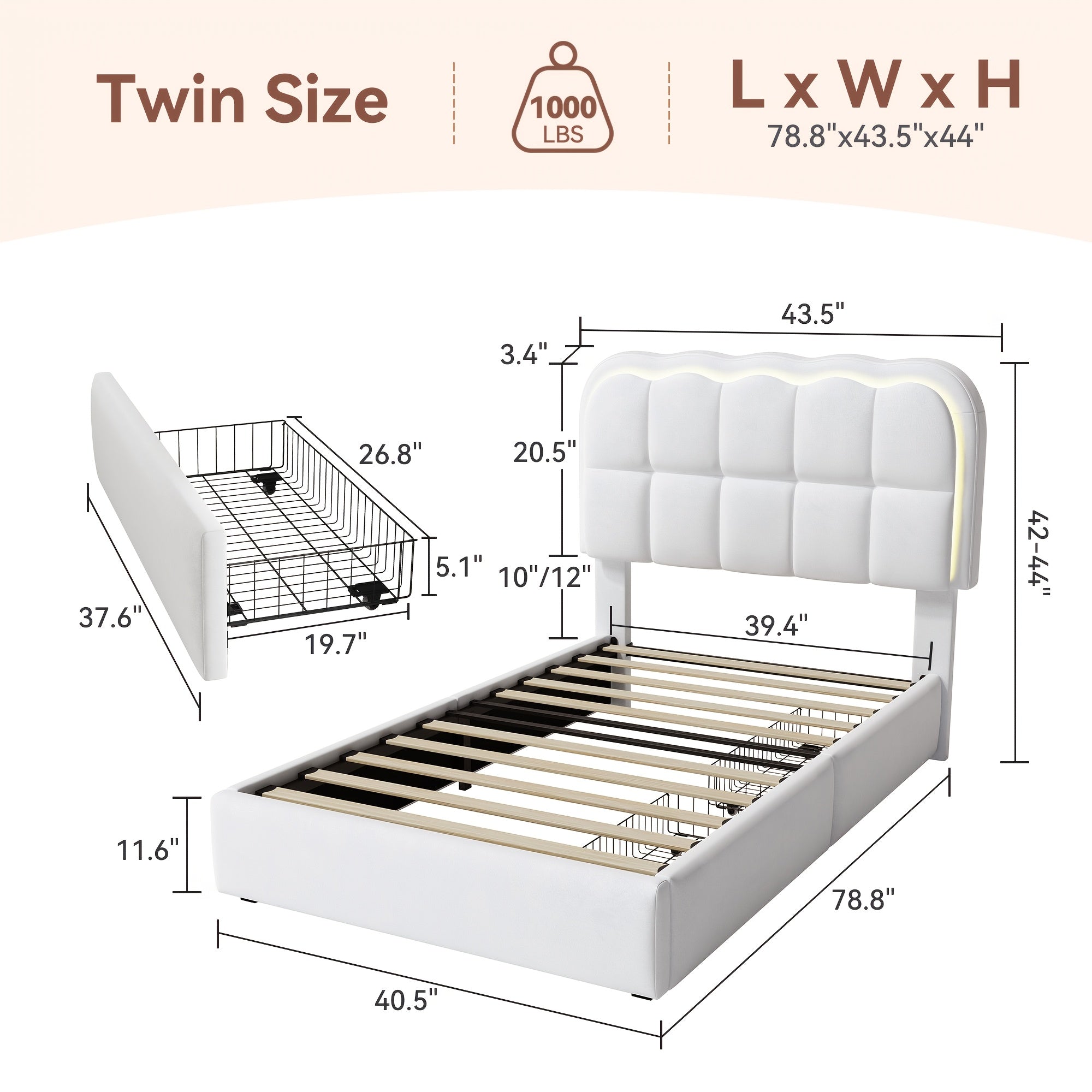 MRAEER Twin\u002FFull\u002FQueen Bed Frame | LED Lighting, 2\u002F4 Storage Drawers, Cloud-Style Soft Headboard, Velvet Modern Platform Bed, Mattress Not Required, Halloween\u002FChristmas Gift, White\u002FPink\u002FGrey, Hardwood and Metal Construction