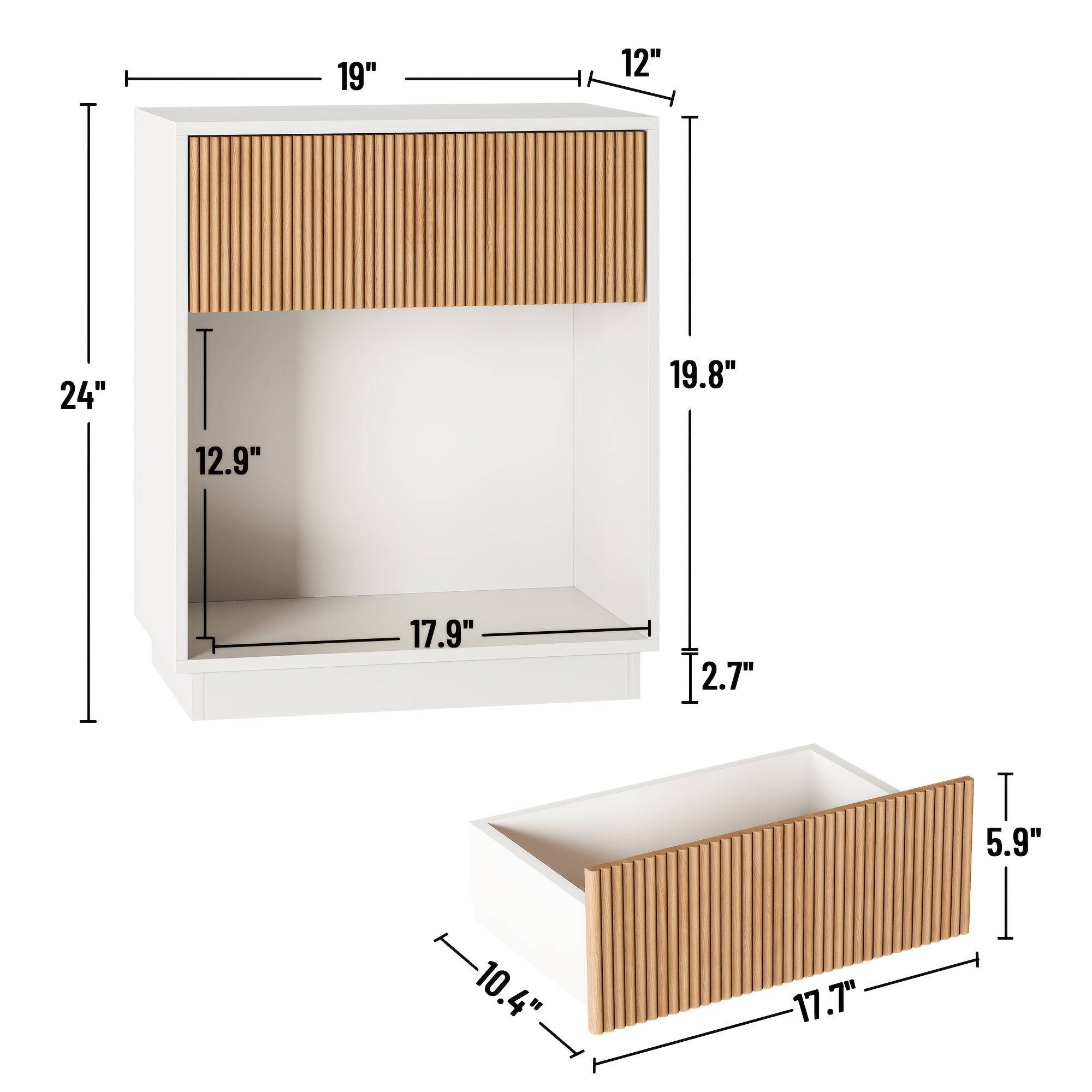 Fluted Nightstands Set Of 2, Modern Mid - Century Wood Bedside Table with Drawer & Open Storage Shelf, End Table for Bedroom, Living Room, Office, Sofa Side Couch (White+Oak)
