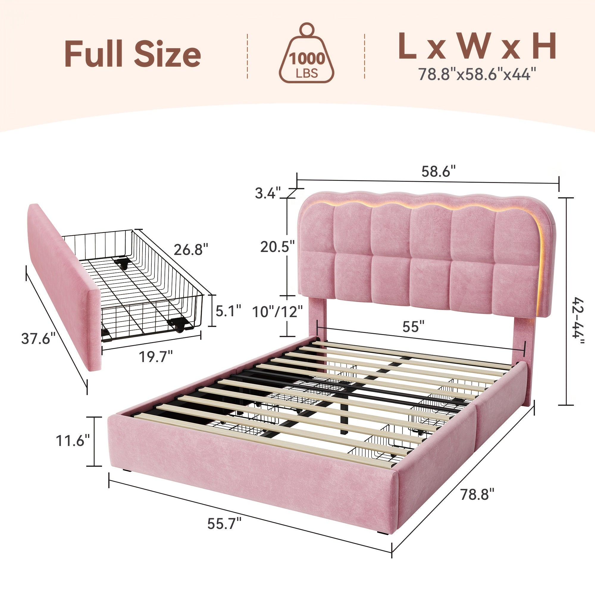 MRAEER Twin\u002FFull\u002FQueen Bed Frame | LED Lighting, 2\u002F4 Storage Drawers, Cloud-Style Soft Headboard, Velvet Modern Platform Bed, Mattress Not Required, Halloween\u002FChristmas Gift, White\u002FPink\u002FGrey, Hardwood and Metal Construction