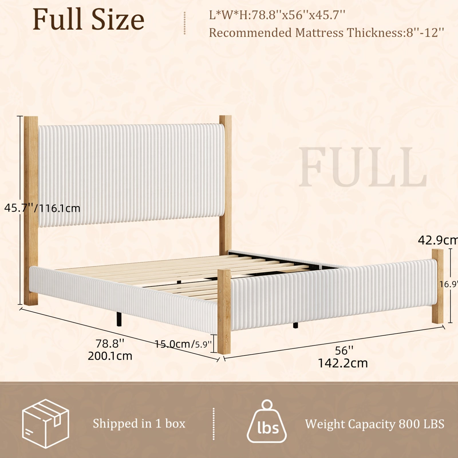 Full Queen King Bed Frame with Headboard | Corduroy Upholstered, Vertical Channel Design, No Box Spring Needed, Strong Structure, Noise-Free, Easy Assembly, White\u002FBlack\u002FBeige, Made of Hardwood and High-Density Fiberboard by HOMBCK