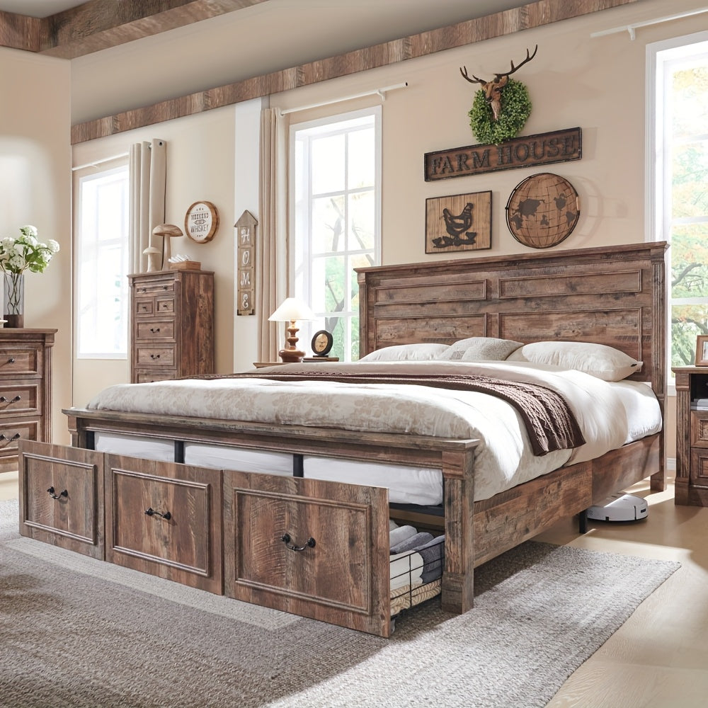Farmhouse King\u002F Queen\u002F Full Size Bed Frame with Tall Headboard, Wood Platform Bed Frame with 20\