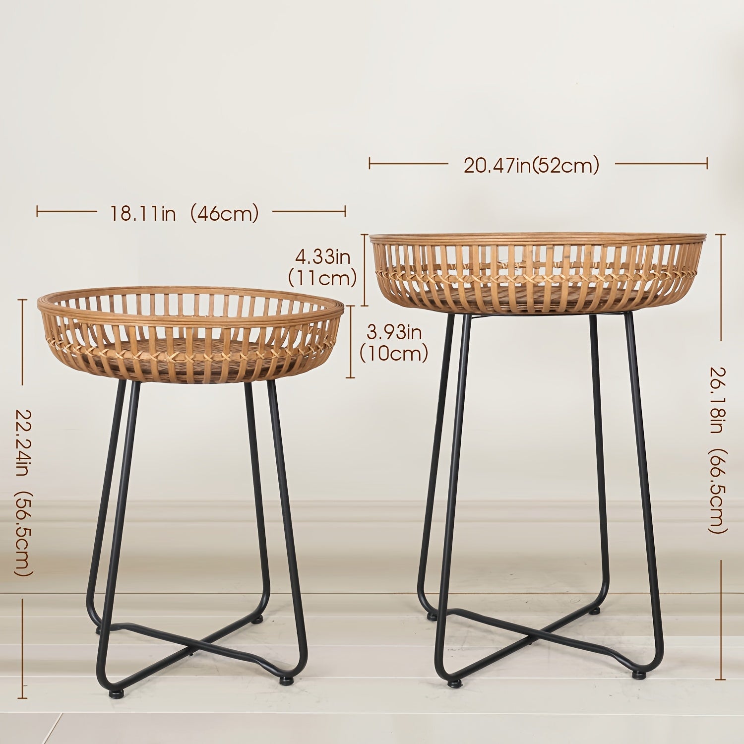 Oakrian Rattan Side Table Nesting Tables Set Of 2, Bamboo Round Table Coffee Table Metal Base End Table for Boho Living Room, Sofa, Bedroom, Terrace, Accent Table(20.47inch)