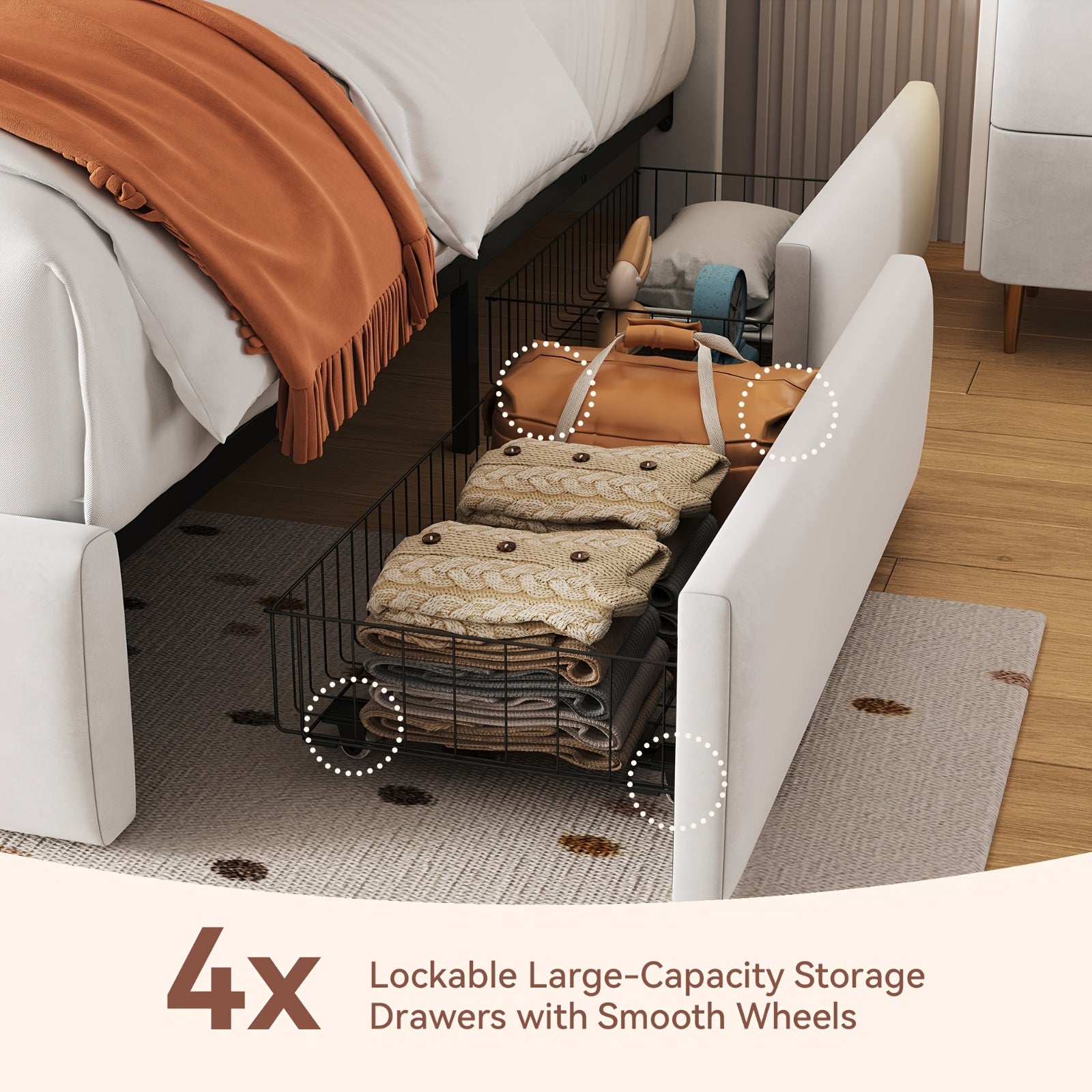 MRAEER Twin\u002FFull\u002FQueen Bed Frame | LED Lighting, 2\u002F4 Storage Drawers, Cloud-Style Soft Headboard, Velvet Modern Platform Bed, Mattress Not Required, Halloween\u002FChristmas Gift, White\u002FPink\u002FGrey, Hardwood and Metal Construction