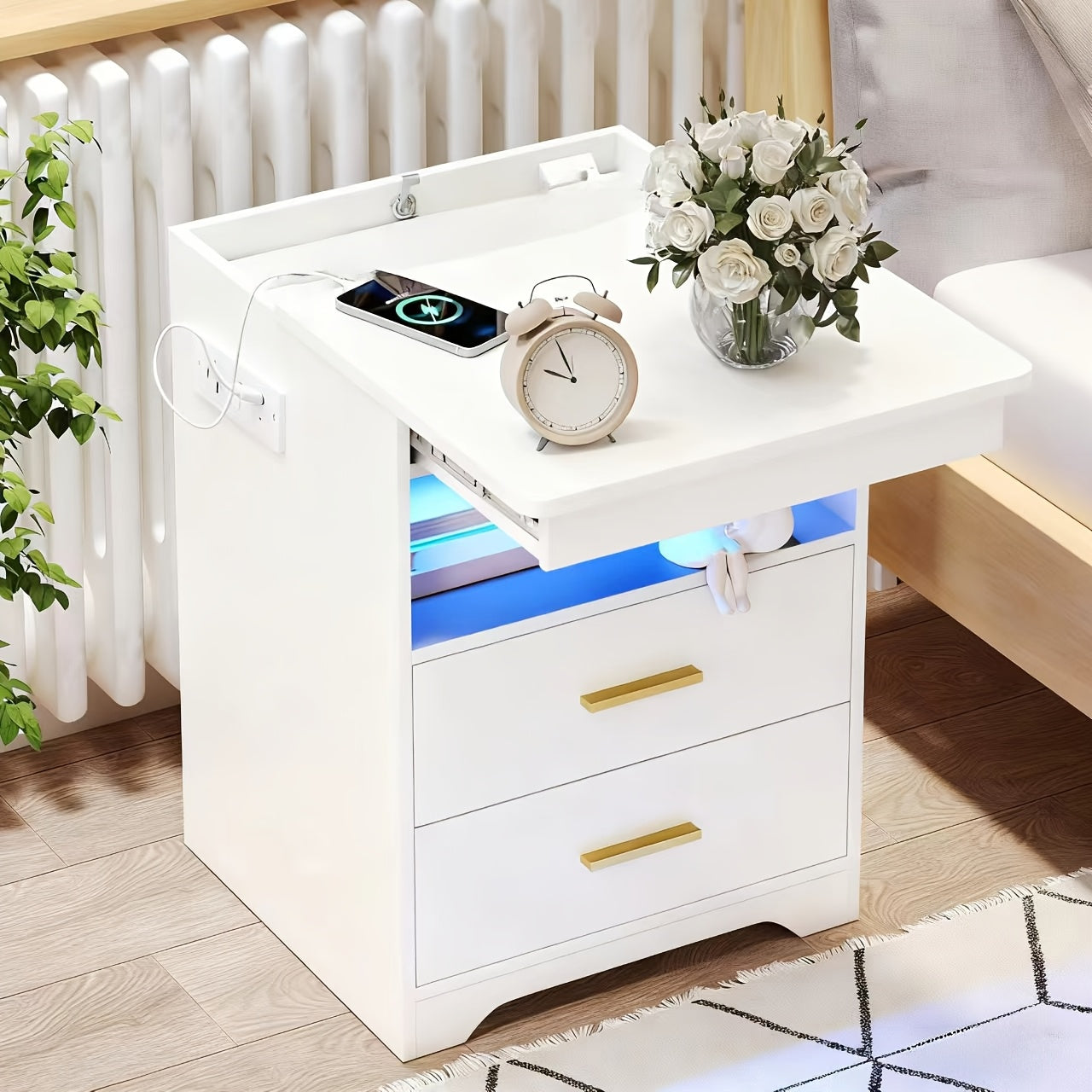 Modern Bedroom Nightstand with Hidden Drawer | 16-color Adjustable LED, Charging Station, And Open Storage, Black\u002Fwhite