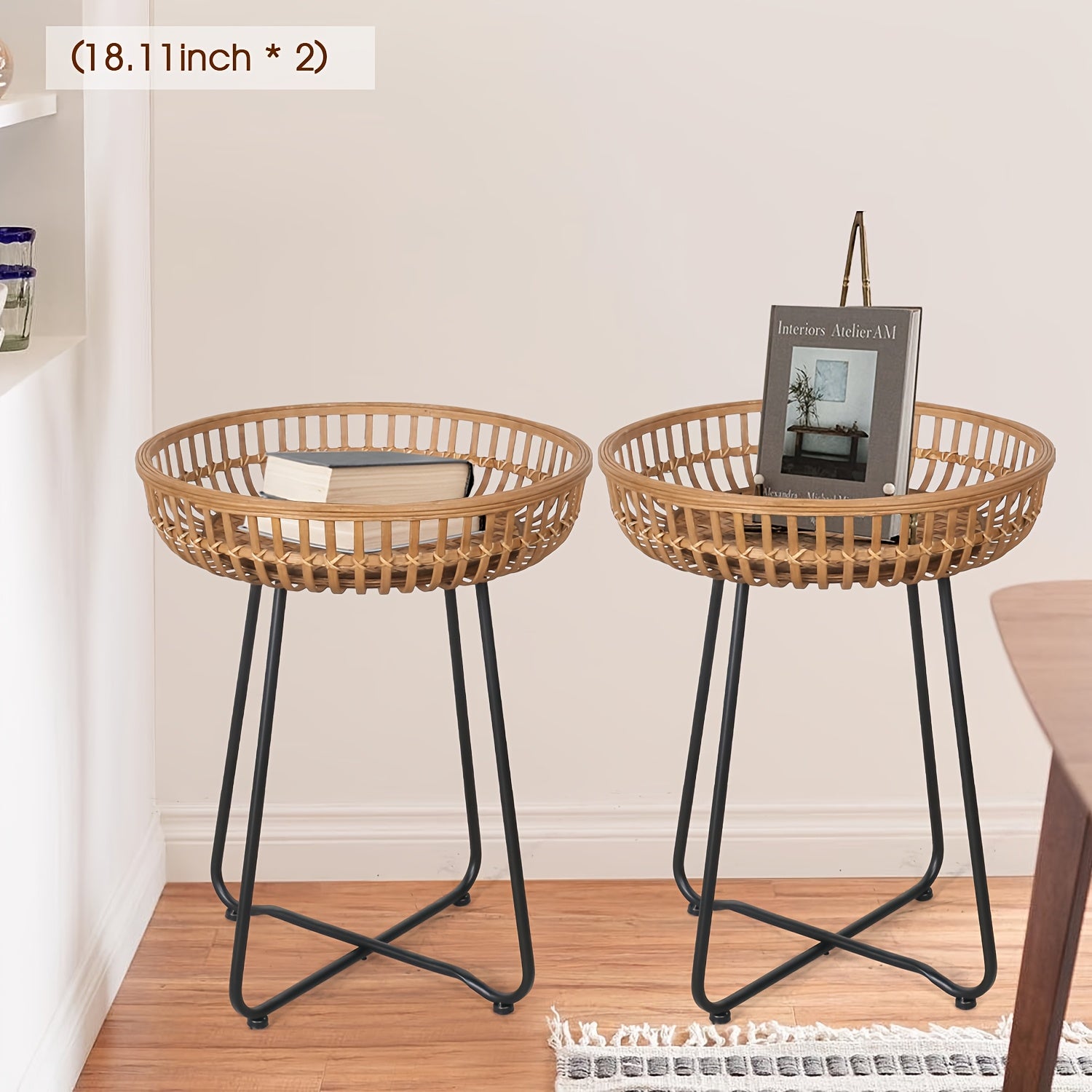 Oakrian Rattan Side Table Nesting Tables Set Of 2, Bamboo Round Table Coffee Table Metal Base End Table for Boho Living Room, Sofa, Bedroom, Terrace, Accent Table(20.47inch)