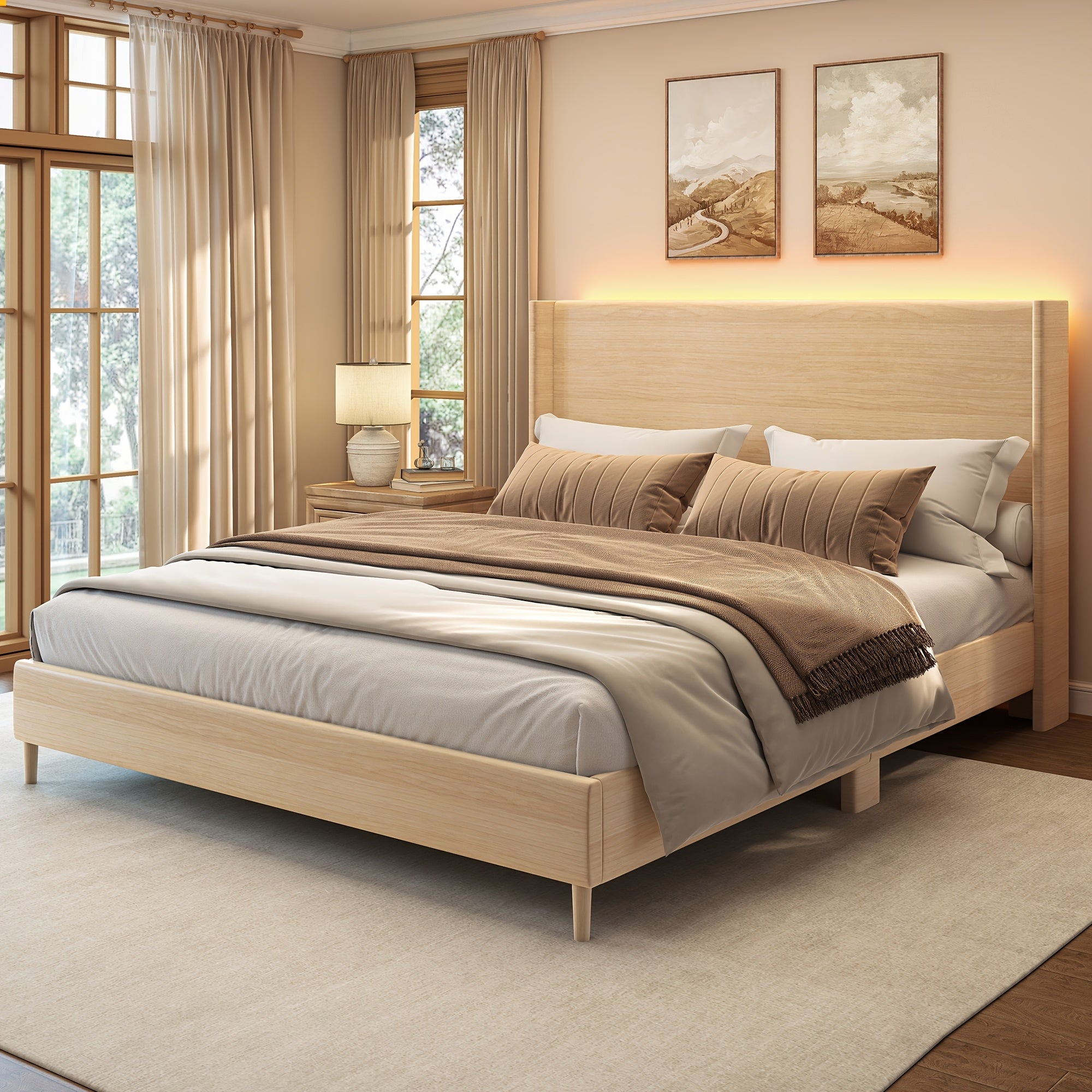 Sibeds Queen Bed Frame with Headboard, Full Size LED Bed Frame, Queen Bed Frame No Box Spring Needed Easy Assembly, PU Natural Wood Oak Brown Oak Brown & White Fabric