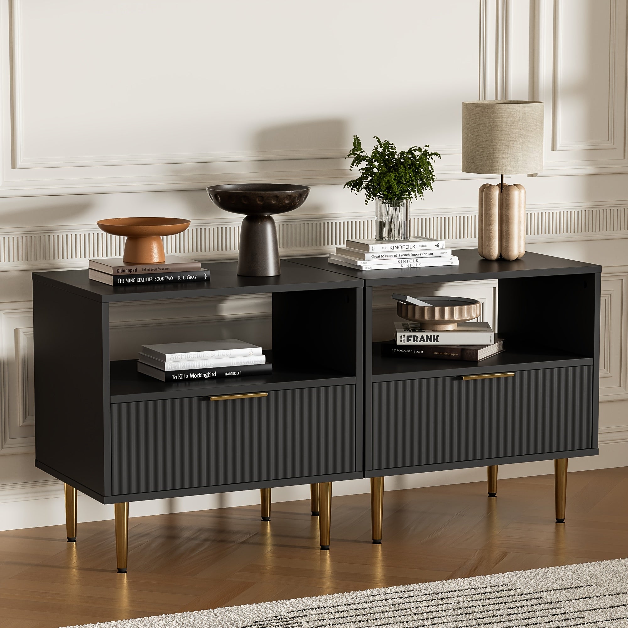 MHOM Nightstand with Drawer, End Table with Storage, Small Bedside Table Organizer with Open Space for Bedroom, Modern Nightstand with Golden Handle, Side Night Stand for Bedroom, Living Room, White\u002FBlack\u002FOak\u002FBlack&White