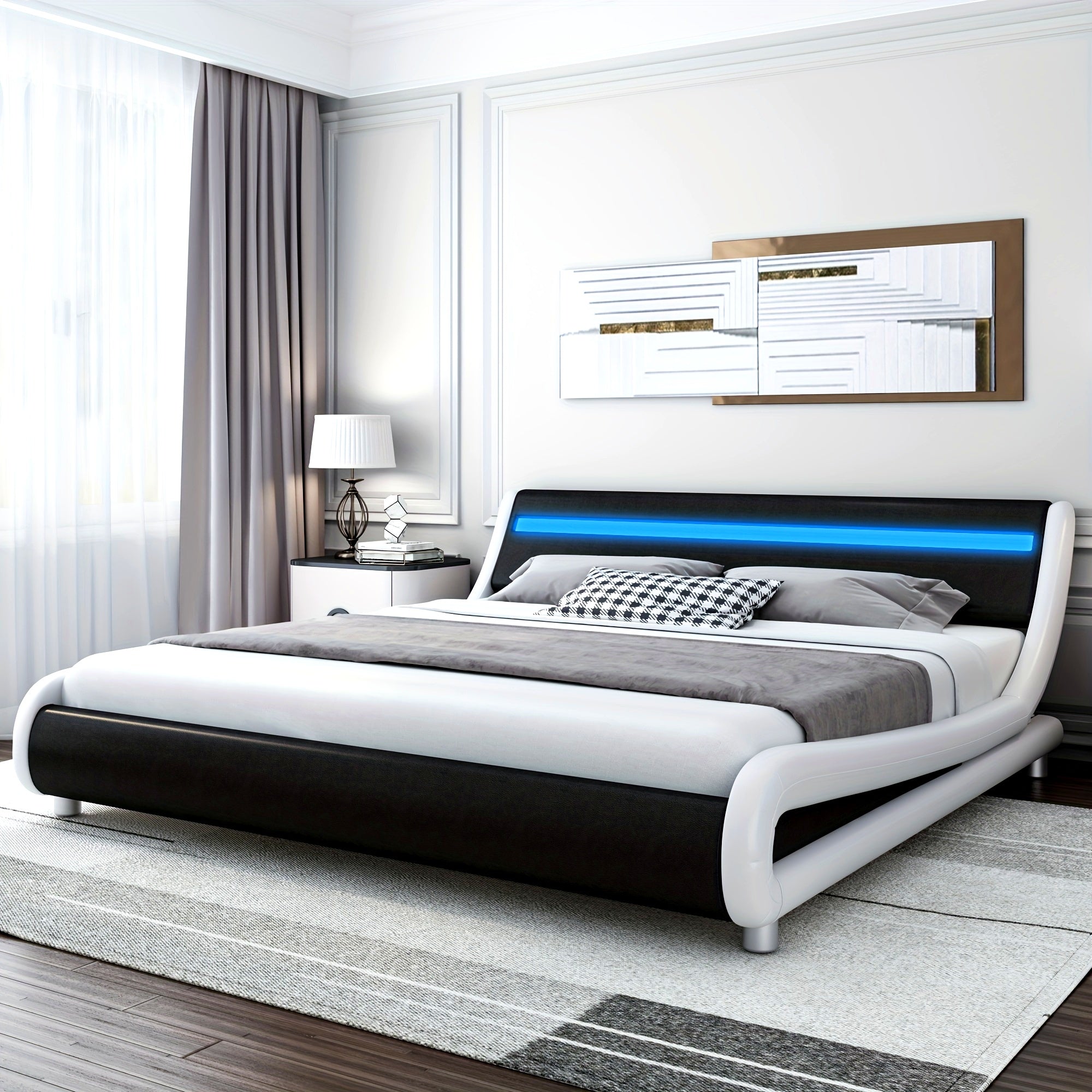 Modern Upholstered LED Bed Frame with Adjustable Headboard & Faux Leather Wave Bed - Metal Platform Bed Frame, No Box Spring Needed, Easy Assembly, Contemporary Bed for Small Spaces Suitable for Modern Bedrooms