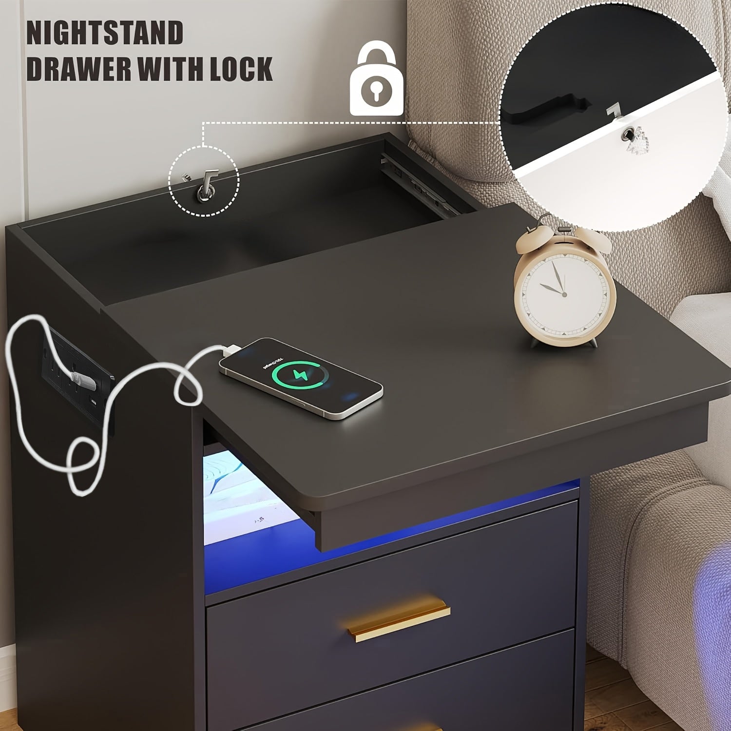 Modern Bedroom Nightstand with Hidden Drawer | 16-color Adjustable LED, Charging Station, And Open Storage, Black\u002Fwhite