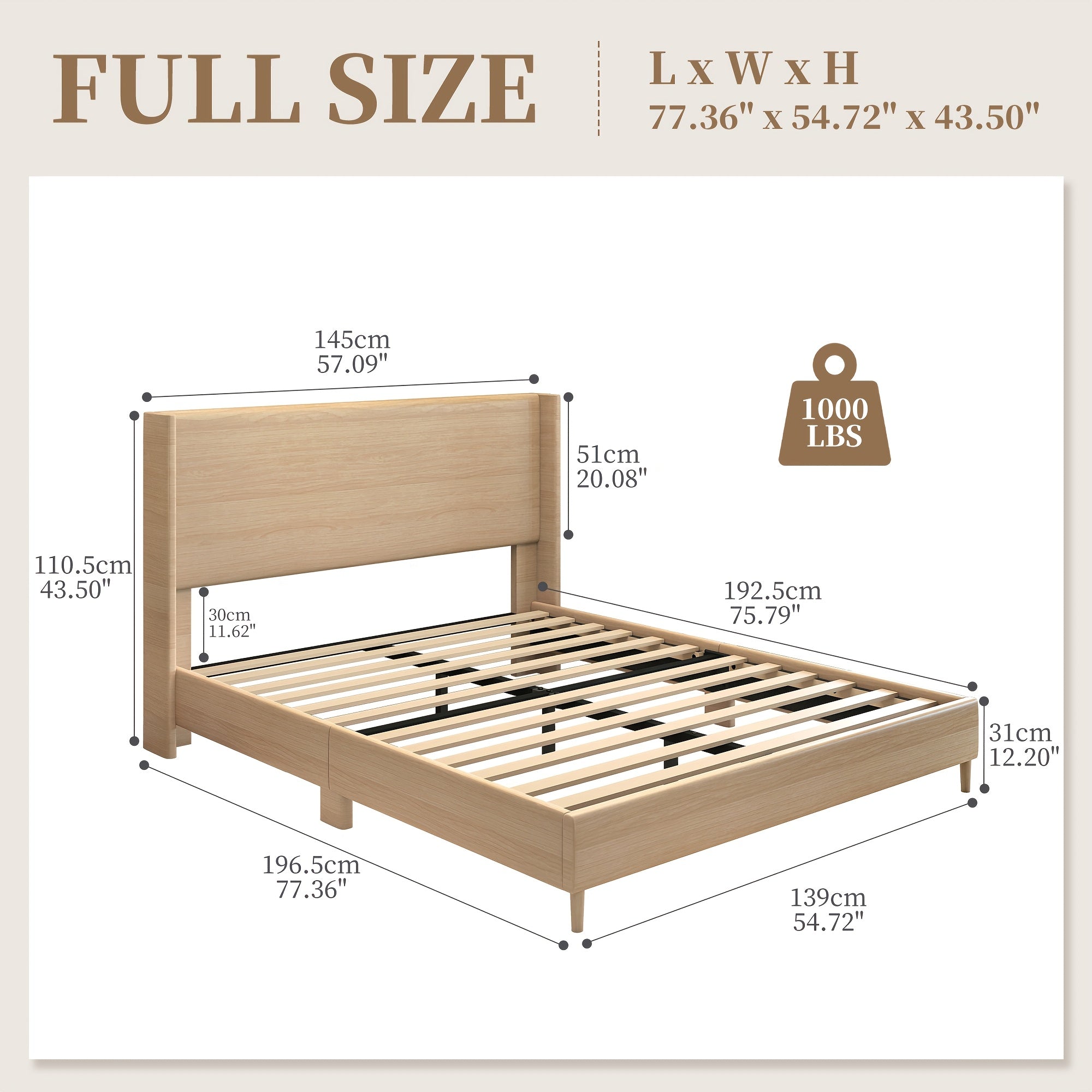 Sibeds Queen Bed Frame with Headboard, Full Size LED Bed Frame, Queen Bed Frame No Box Spring Needed Easy Assembly, PU Natural Wood Oak Brown Oak Brown & White Fabric