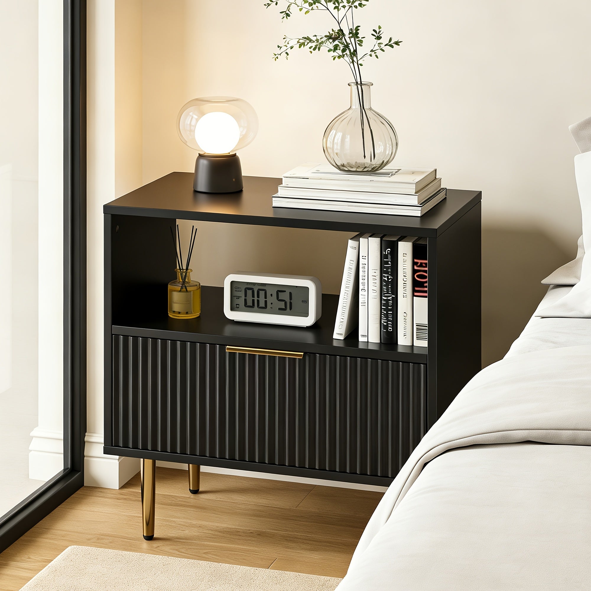 MHOM Nightstand with Drawer, End Table with Storage, Small Bedside Table Organizer with Open Space for Bedroom, Modern Nightstand with Golden Handle, Side Night Stand for Bedroom, Living Room, White\u002FBlack\u002FOak\u002FBlack&White