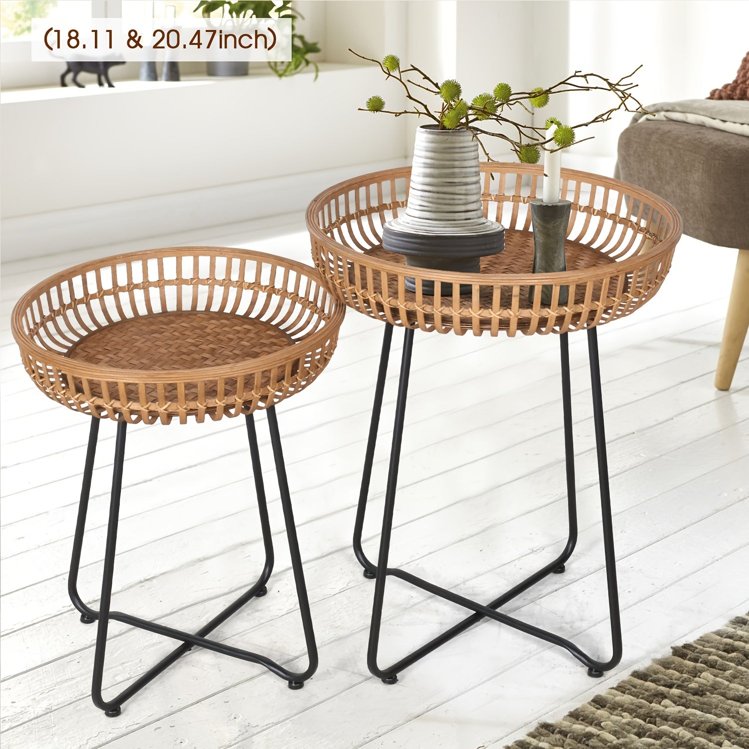 Oakrian Rattan Side Table Nesting Tables Set Of 2, Bamboo Round Table Coffee Table Metal Base End Table for Boho Living Room, Sofa, Bedroom, Terrace, Accent Table(20.47inch)