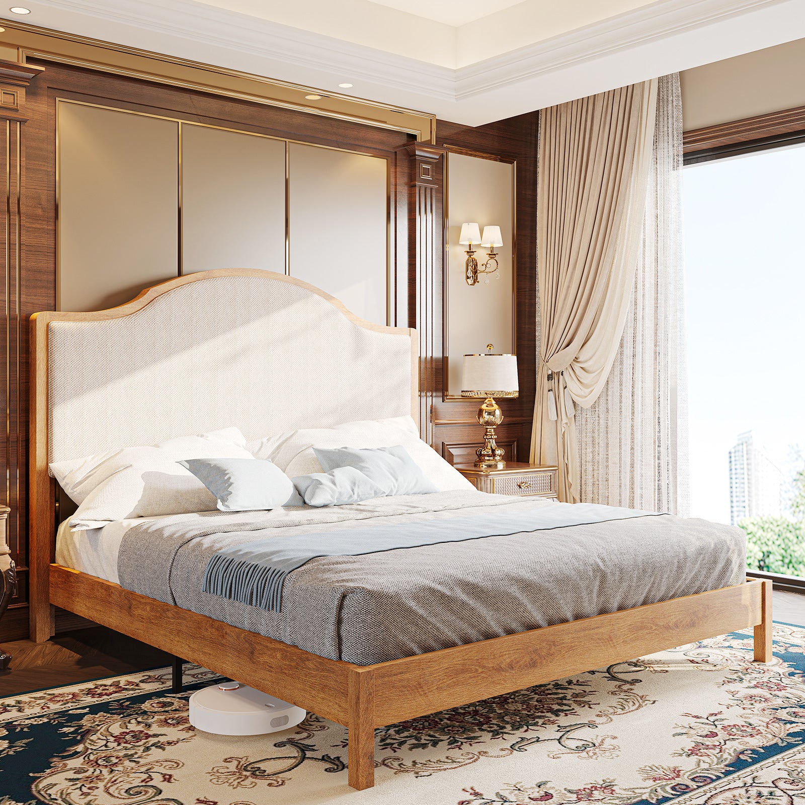 PAPABABE Solid Wood Platform Bed Frame with Upholstered Curved Headboard, Wood Slat Support, No Box Spring Required