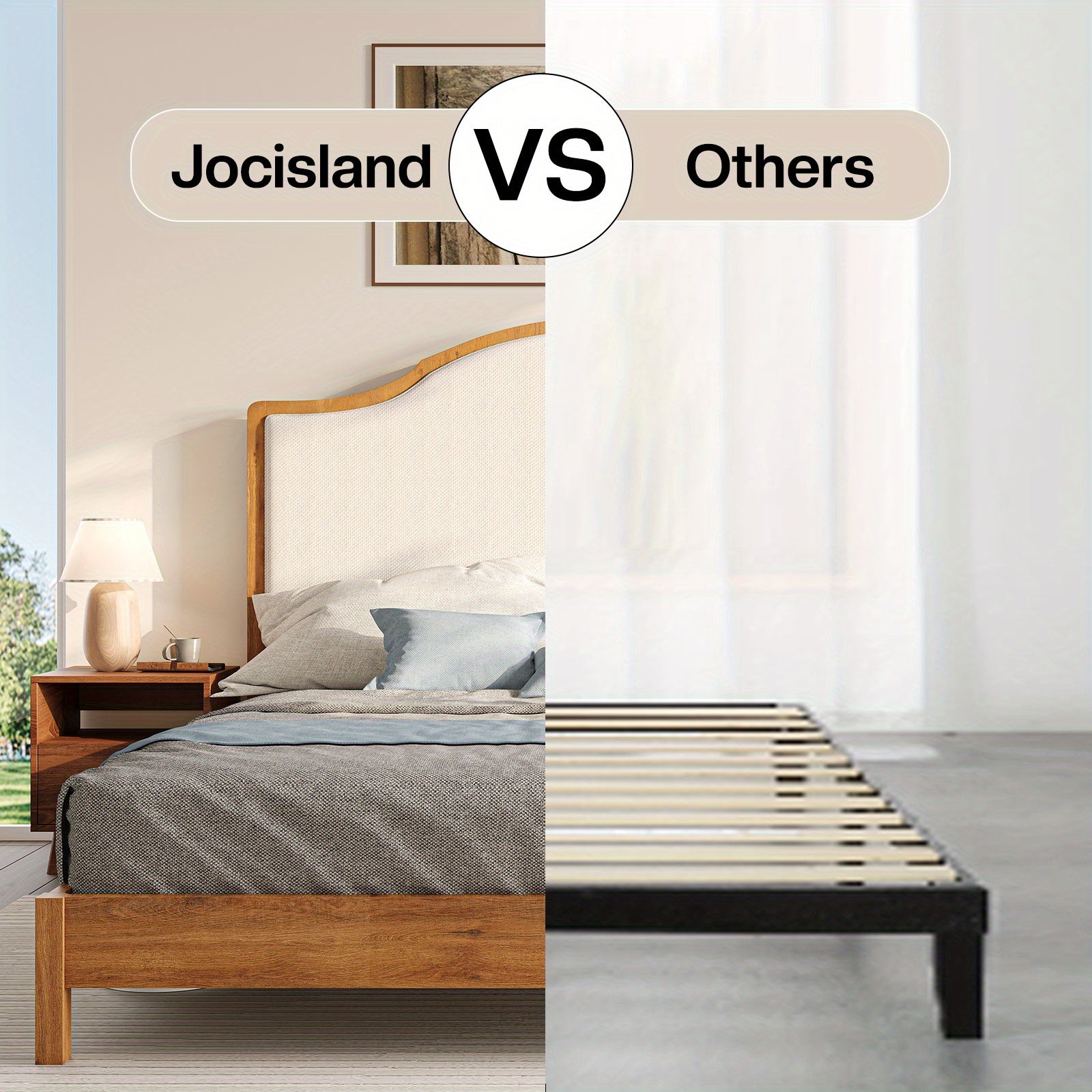 PAPABABE Solid Wood Platform Bed Frame with Upholstered Curved Headboard, Wood Slat Support, No Box Spring Required