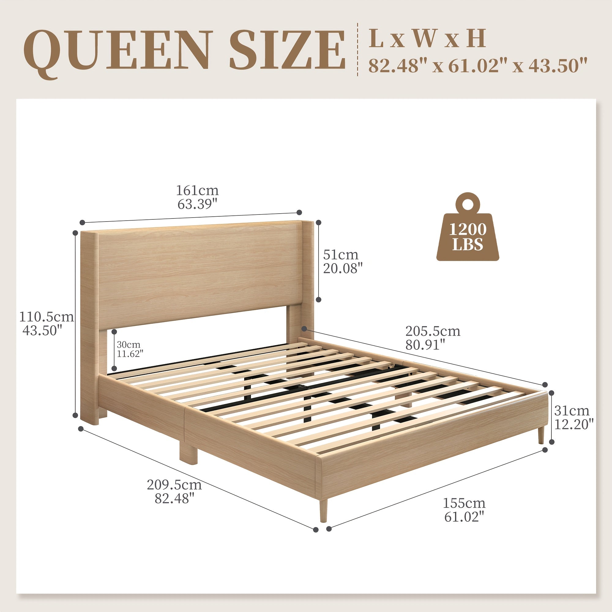 Sibeds Queen Bed Frame with Headboard, Full Size LED Bed Frame, Queen Bed Frame No Box Spring Needed Easy Assembly, PU Natural Wood Oak Brown Oak Brown & White Fabric