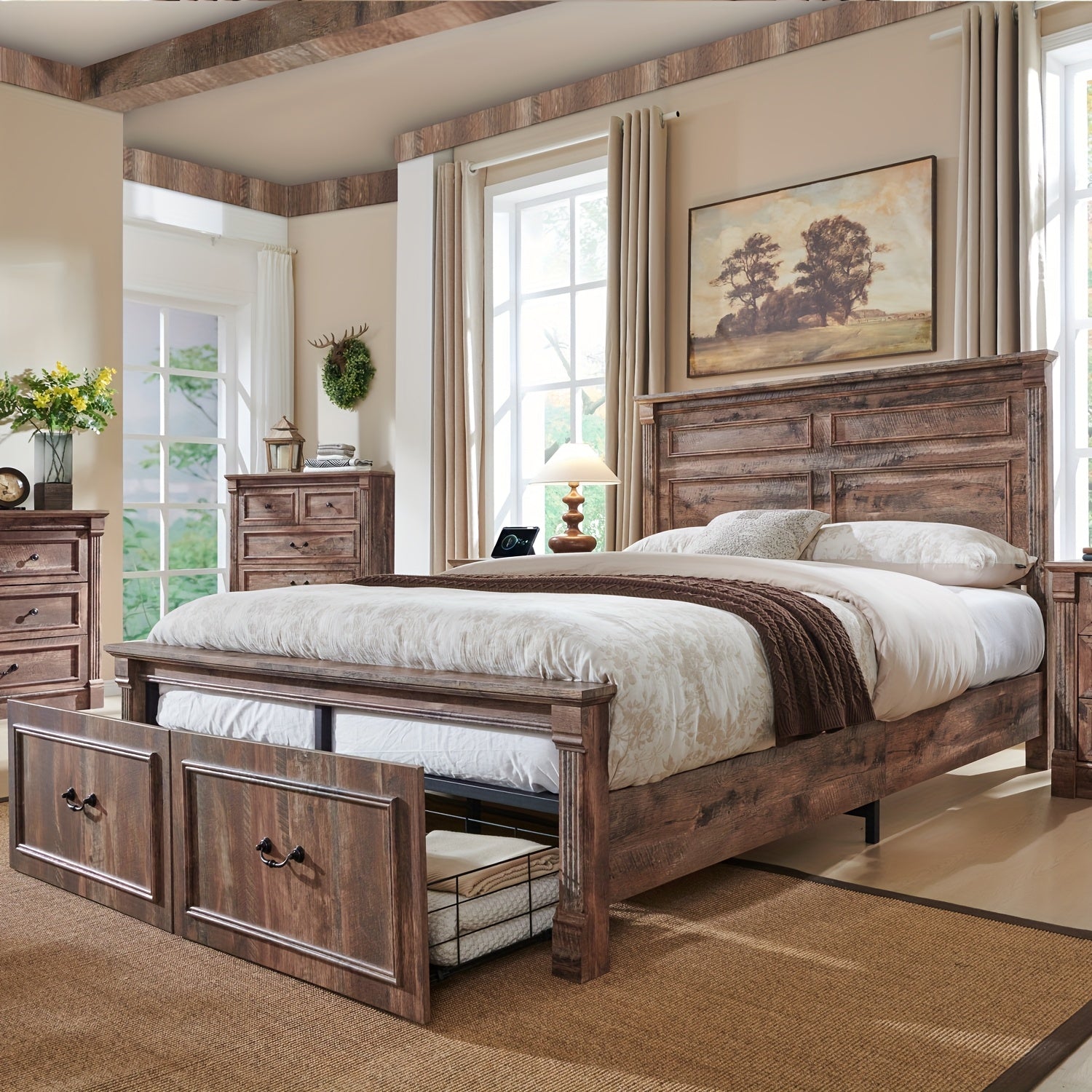 Farmhouse King\u002F Queen\u002F Full Size Bed Frame with Tall Headboard, Wood Platform Bed Frame with 20\