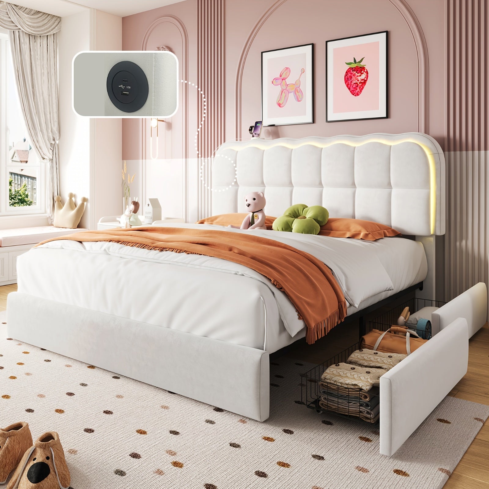MRAEER Twin\u002FFull\u002FQueen Bed Frame | LED Lighting, 2\u002F4 Storage Drawers, Cloud-Style Soft Headboard, Velvet Modern Platform Bed, Mattress Not Required, Halloween\u002FChristmas Gift, White\u002FPink\u002FGrey, Hardwood and Metal Construction
