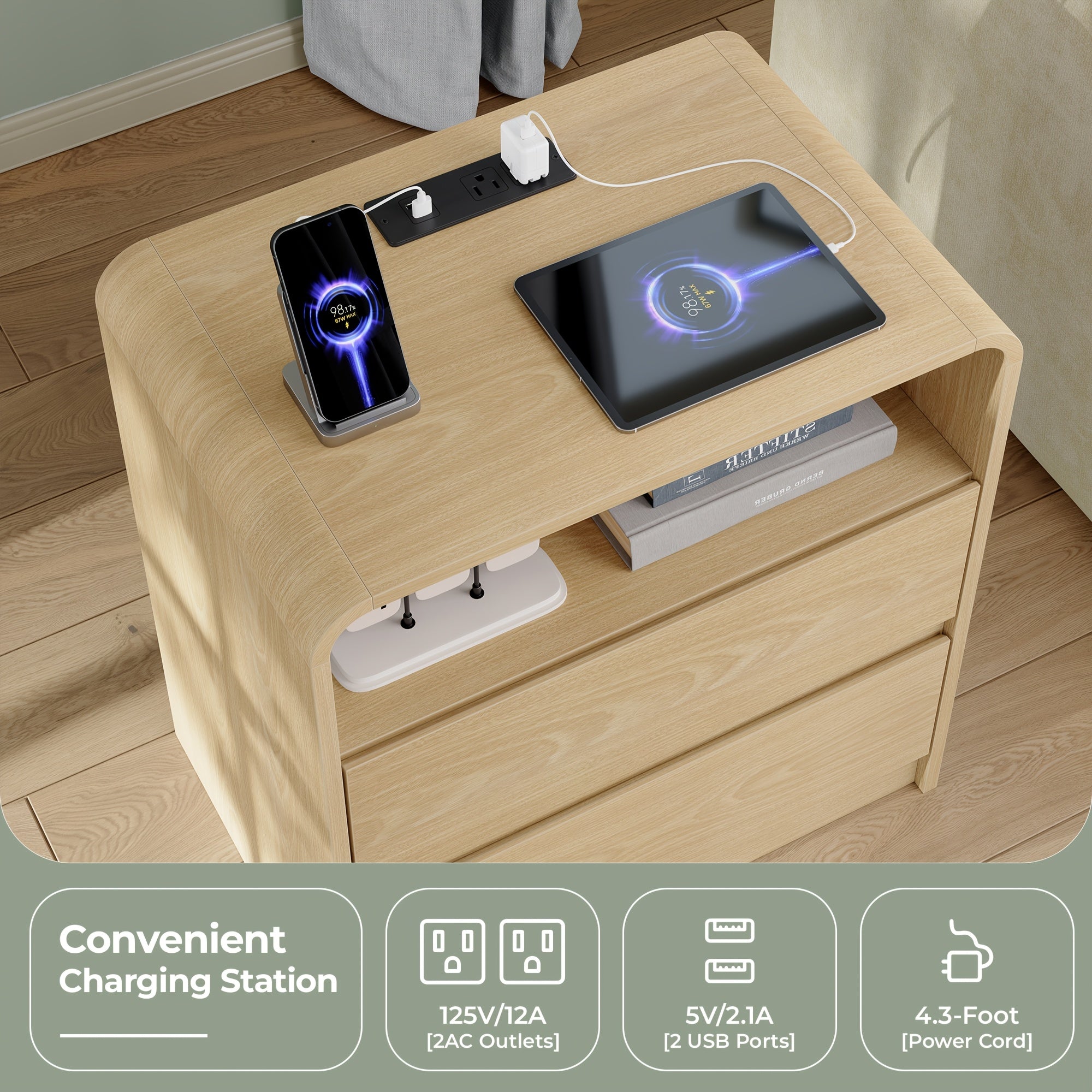 Solid Wood Bedside Table with Built-in Charging Station | Featuring Two Drawers and One Open Storage Compartment, Sleek Curved Handle-free Design, Ideal for Bedrooms, Dorm Rooms, and Compact Spaces