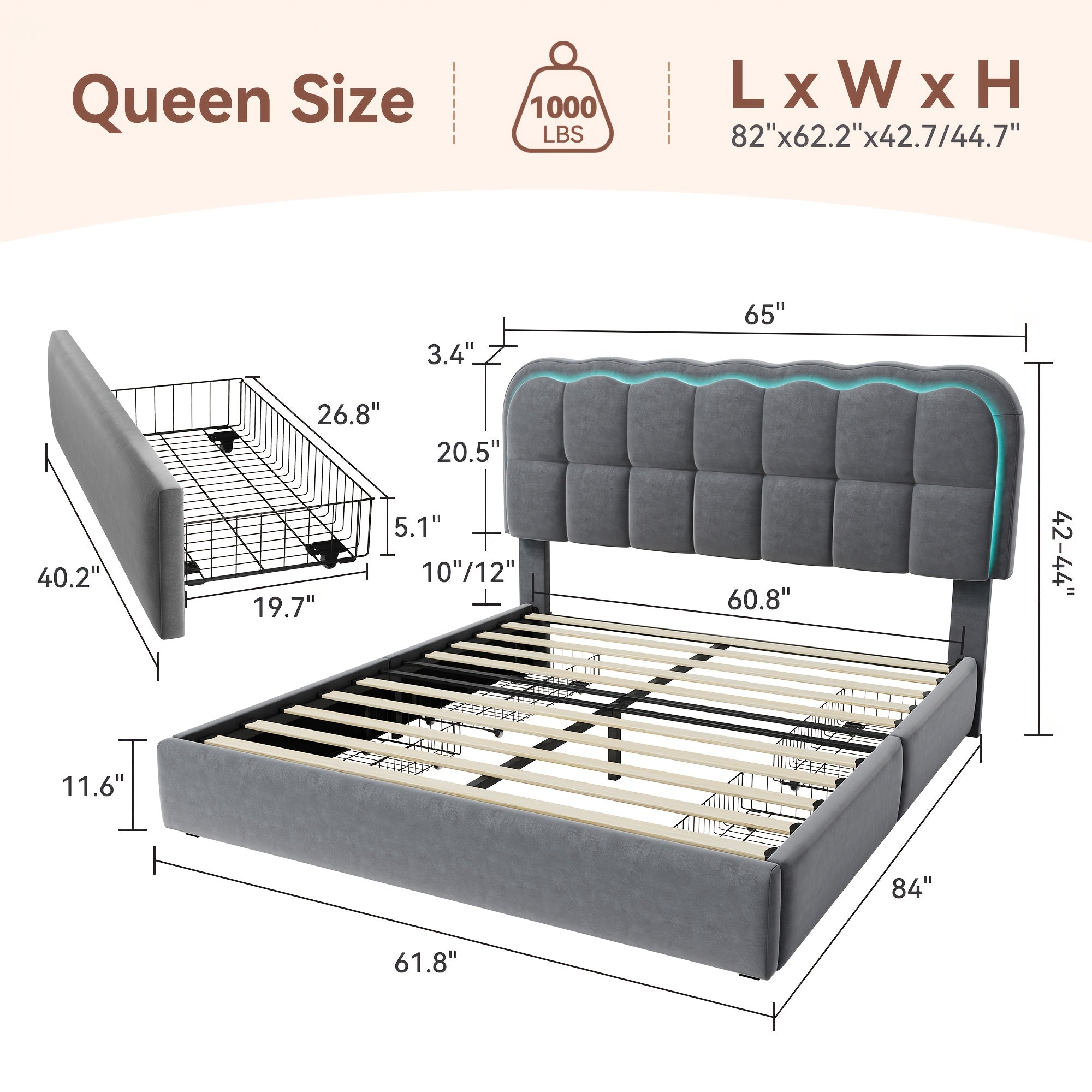 MRAEER Twin\u002FFull\u002FQueen Bed Frame | LED Lighting, 2\u002F4 Storage Drawers, Cloud-Style Soft Headboard, Velvet Modern Platform Bed, Mattress Not Required, Halloween\u002FChristmas Gift, White\u002FPink\u002FGrey, Hardwood and Metal Construction