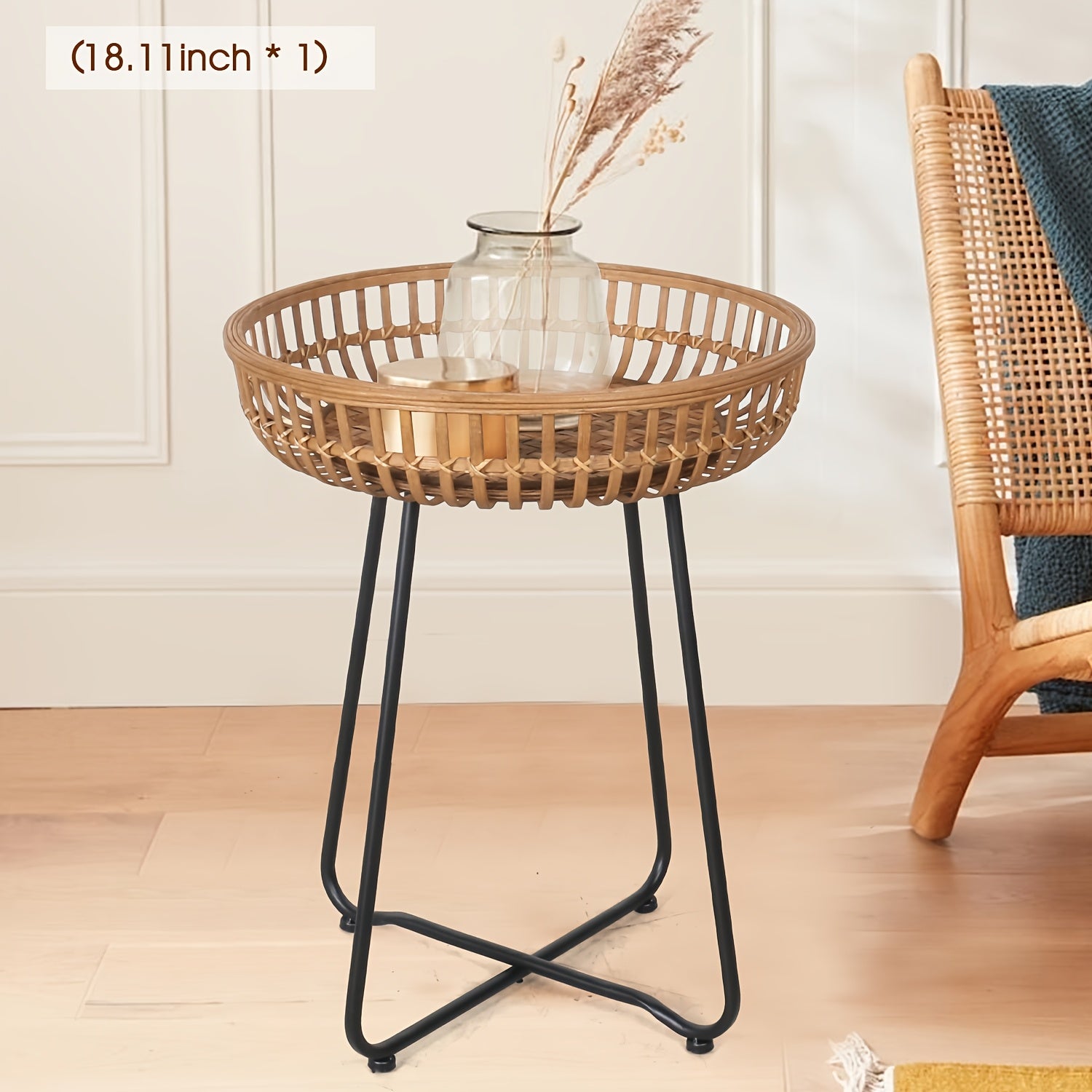 Oakrian Rattan Side Table Nesting Tables Set Of 2, Bamboo Round Table Coffee Table Metal Base End Table for Boho Living Room, Sofa, Bedroom, Terrace, Accent Table(20.47inch)