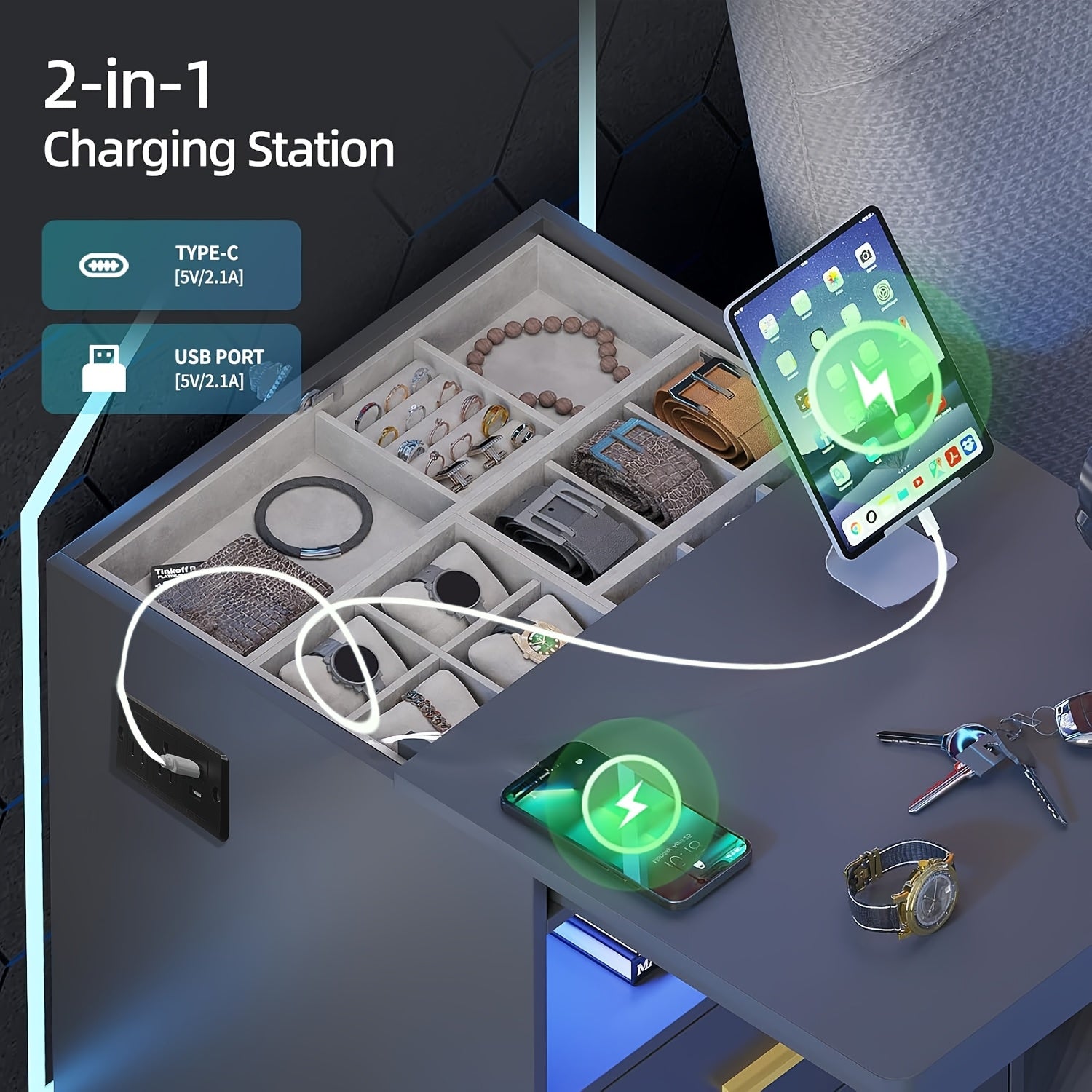 Modern Bedroom Nightstand with Hidden Drawer | 16-color Adjustable LED, Charging Station, And Open Storage, Black\u002Fwhite